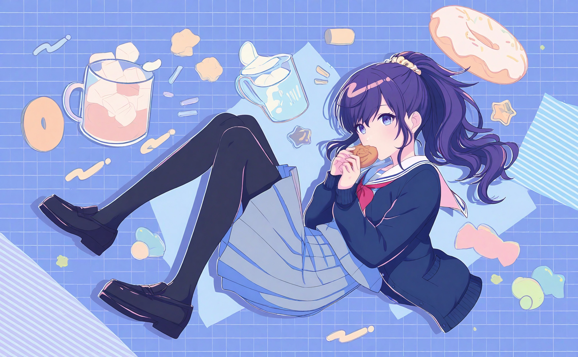 masterpiece,highres,absurdres,newest,best quality,high quality,chromatic_aberration,//,1girl, asahina_mafuyu, miyamasuzaka_girls'_academy_school_uniform, sailor_collar, solo, pantyhose, loafers, skirt, food, purple_hair, cardigan, neckerchief, school_uniform, mug, red_neckerchief, black_cardigan, holding, cup, grey_serafuku, ponytail, long_hair, blue_eyes, pleated_skirt, scrunchie, open_cardigan, cookie, shoes, holding_food, serafuku, black_footwear, hair_scrunchie, long_sleeves, full_body, high_ponytail, black_pantyhose, shirt, white_sailor_collar, eating, blue_skirt, grid_background, pink_neckerchief, hair_ornament, star_\(symbol\), blue_cardigan, coffee_mug, open_clothes, knees_up, dot_nose, marshmallow, outline, swept_bangs, print_mug, looking_at_viewer, blue_background, grey_skirt, from_side, sidelocks, blue_outline, purple_eyes, floating, drop_shadow, holding_cup, blue_shirt, taiyaki, pastel_colors, bag, notice_lines, light_blue_background, wagashi, white_outline, blue_serafuku, doughnut, knees_together_feet_apart, kamiyama_high_school_uniform_\(project_sekai\), food_in_mouth//,<lora:PJSKcg925——【NOOB】hans:0.8>,