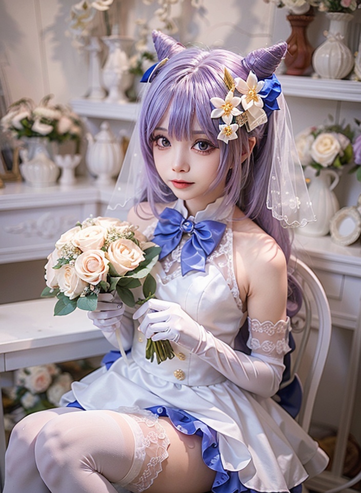 aiwest,1girl,cone hair bun,flower,gloves,dress,solo,purple hair,keqing \(genshin impact\),elbow gloves,thighhighs,hair ornament,white dress,hair flower,long hair,white gloves,bouquet,hair bun,purple eyes,bow,white flower,bowtie,veil,blurry background,sleeveless,blurry,looking at viewer,instrument,white thighhighs,holding,bangs,chair,bare shoulders,wedding dress,bridal veil,frills,blue bow,double bun,<lora:aiwest_20231231155804:0.7>,
