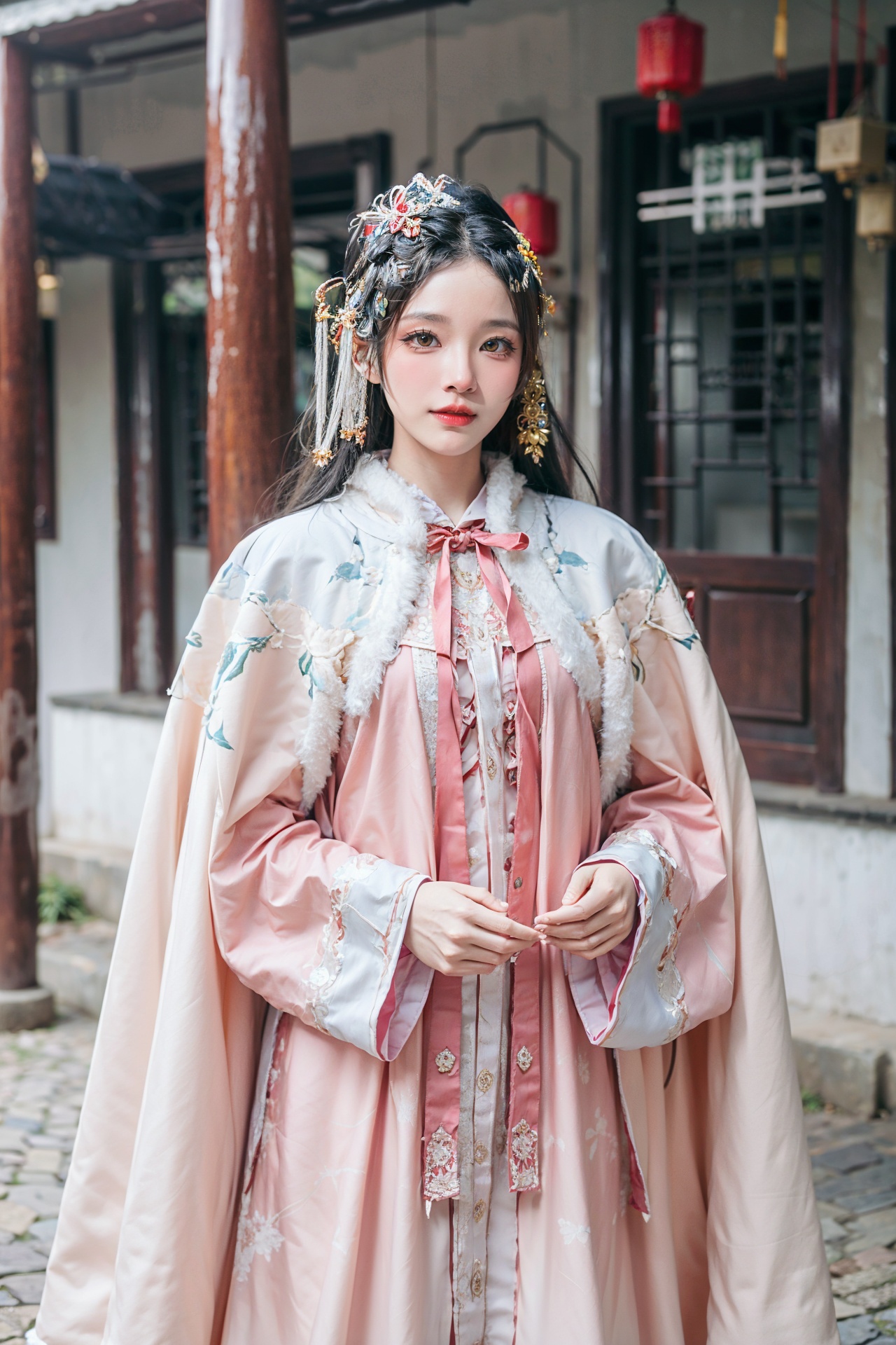 guofeng,Chinese clothes,hanfu,1girl,solo,black hair,looking at viewer,realistic,hair ornament,long hair,dress,cape,fur trim,<lora:add_detail:0.4>,<lora:Guofeng:0.7>,