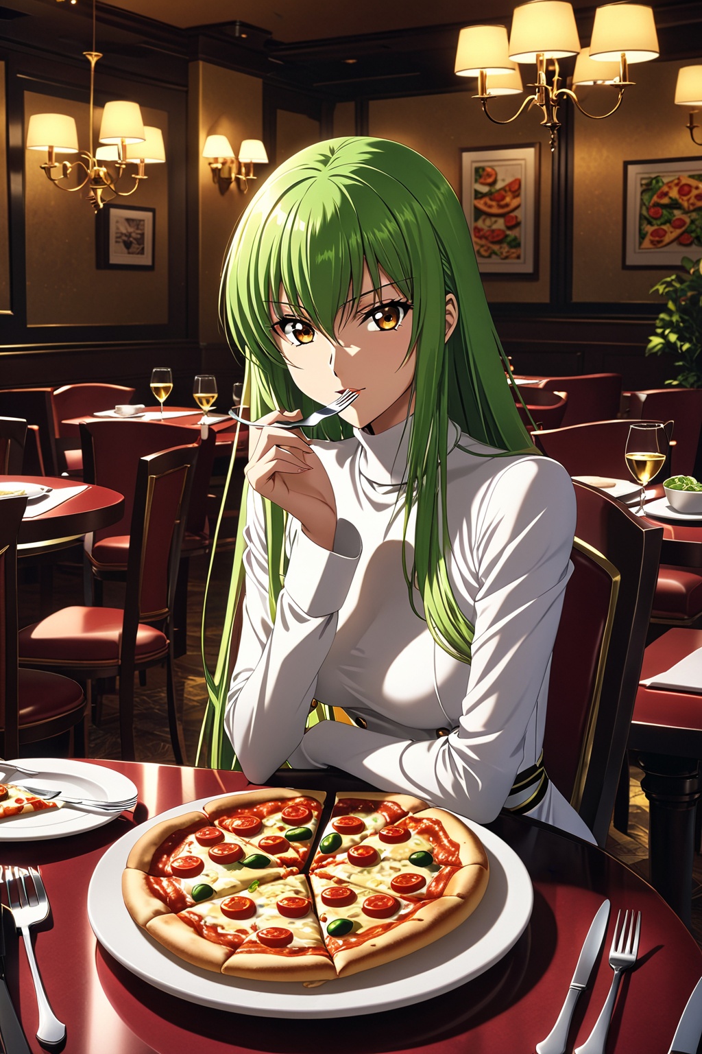1girl, c.c., code geass, white shirt, long sleeves, turtleneck, sitting, looking at viewer, eating, pizza, plate, fork, knife, table, chair, table, restaurant, cinematic angle, cinematic lighting, masterpiece, best quality 