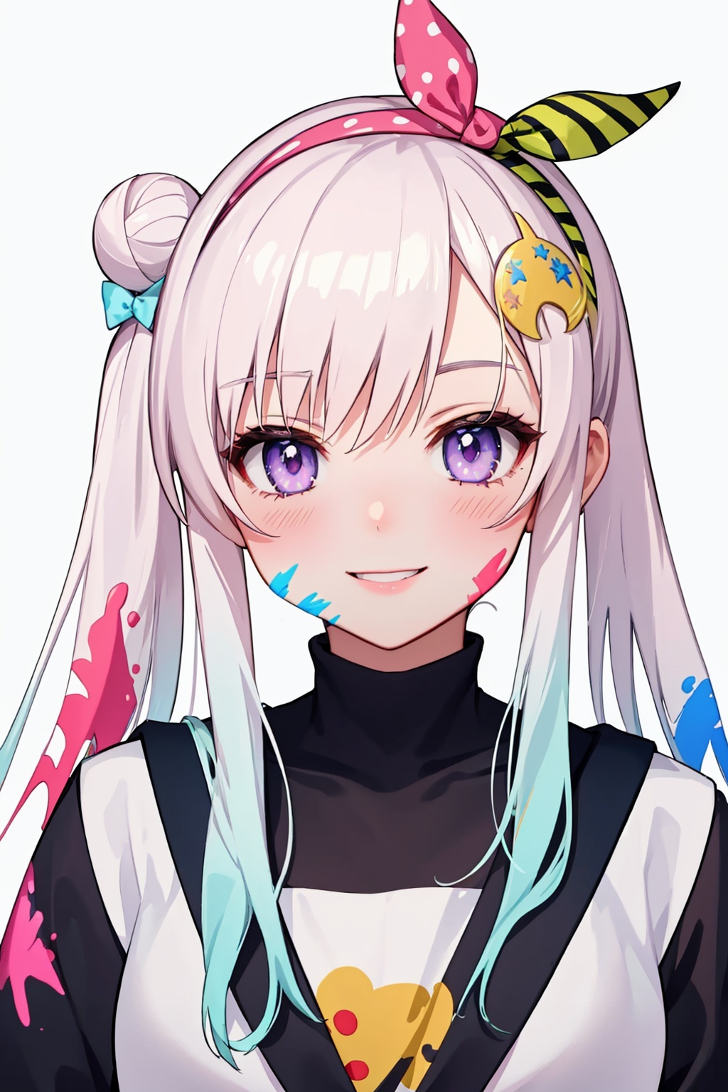 masterpiece,best quality, highly detailed, airani iofifteen,virtual youtuber,1girl,smile,blush,side ponytail,looking at viewer,single hair bun,solo,paint splatter on face,hairband<lora:airani_iofifteen:1>,simple background,white background