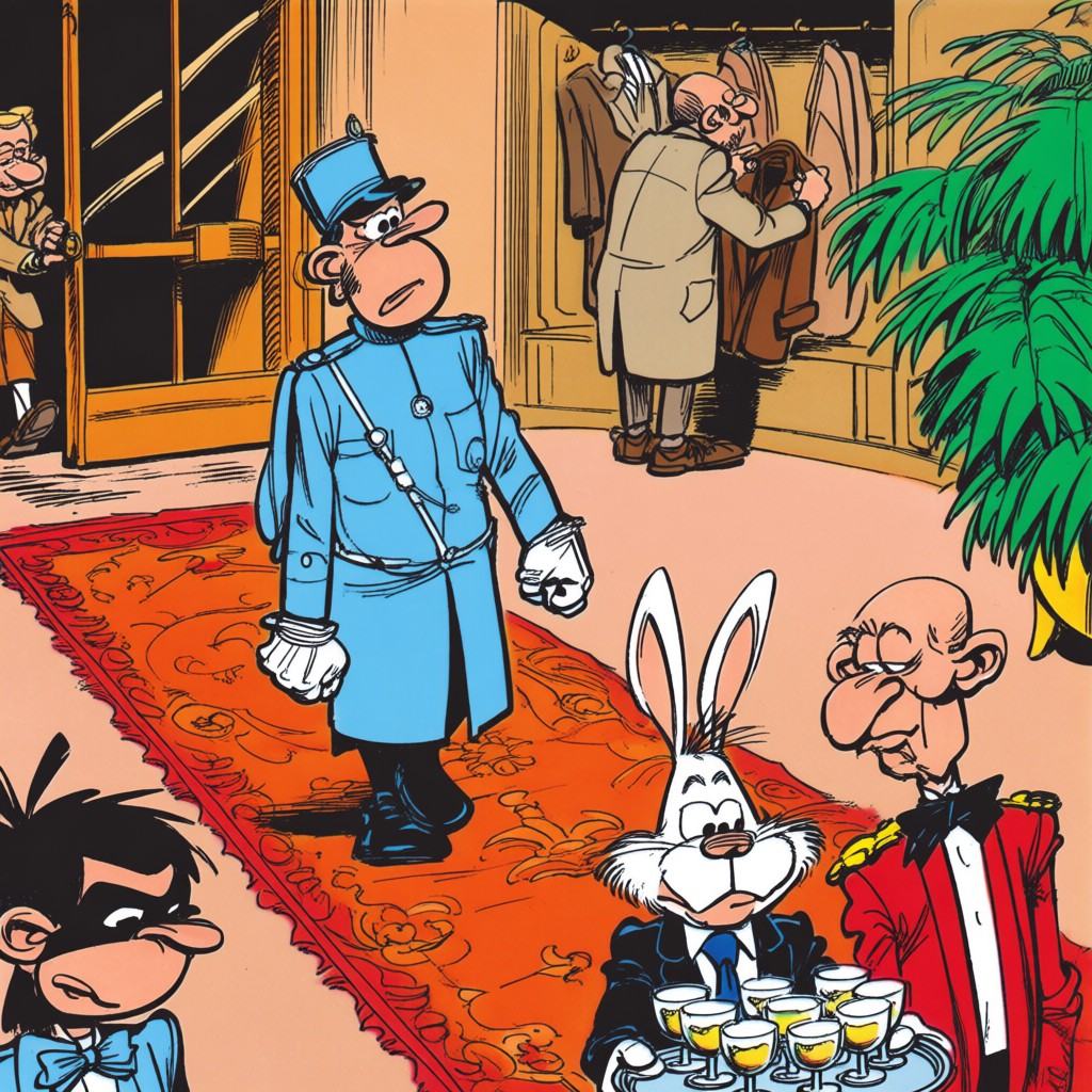 a spirou_fantasio style image of a bustling indoor foyer where several characters are gathered. In the center,  a man in a...