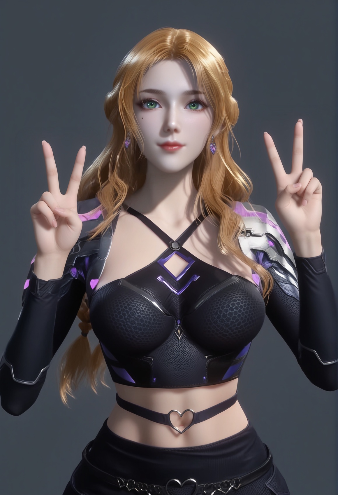 (score_9),upper body,<lora:珍妮特-apony:0.83>,znt,1girl,solo,long hair,blonde hair,earrings,green eyes,braid,mole under eye,crop top,belt buckle,shoulder armor,midriff,black skirt,navel,<lora:perfect eyes_v1:0.8>,light blush,Expressiveh,<lora:Expressive_H-000001:0.8>,collarbone,(glamor:1.2),curvy,BREAKlooking at viewer,(double v),closed mouth,fair_skin,(pale_skin),((white skin)),light skin,BREAKsimple background,grey background,<lora:e色温:0.35>,4K ultra HD,sharp focus,high detail,natural lighting,high contrast,hearts,Volumetric Lighting,Tyndall effect,