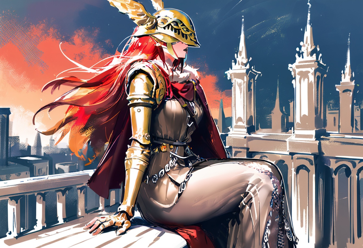 1girl,chainmail, brown dress, red cape, golden winged helmet, single mechanical arm, scar, fiery red hair, malenia blade of miquella,sitting, outdoors, from side, closed mouth, sky, balcony, wistful pose, dusk, city skyline, concept art, digital painting, high saturation, warm color palette, dynamic brushstrokes, vines, flowing fabric, ornate architecture, elegant, action pose, cowboy shot,masterpiece, best quality, newest, absurdres, nsfw, explicit <lora:nws_v1.2-000015:1>