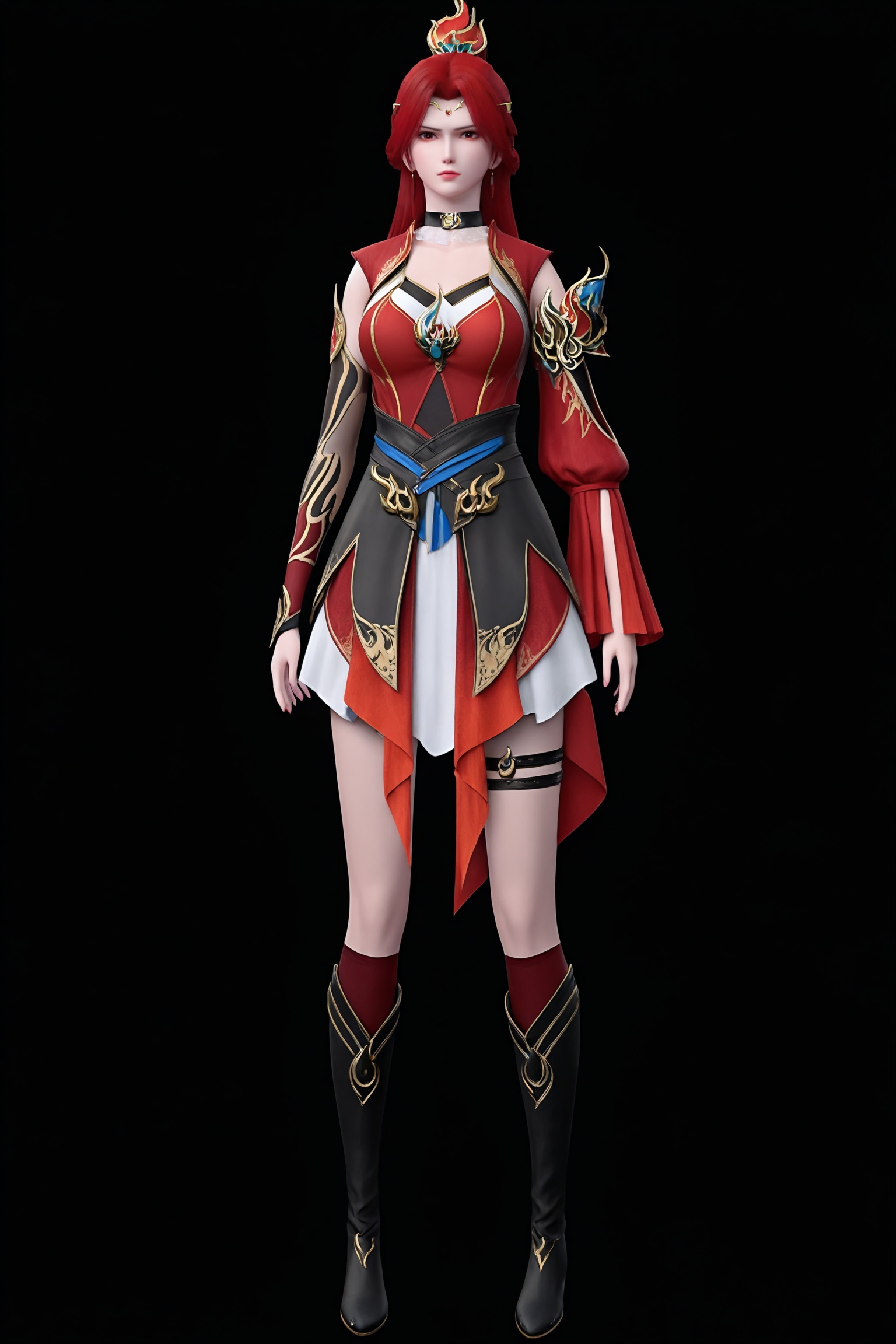 black background,standing,looking at viewer,1girl, the\(dpcq\), red hair, long hair, jewelry, hair ornament,  red eyes, red dress, tiara,asymmetrical sleeves,thigh strap,white skirt, skirt,knee boots,