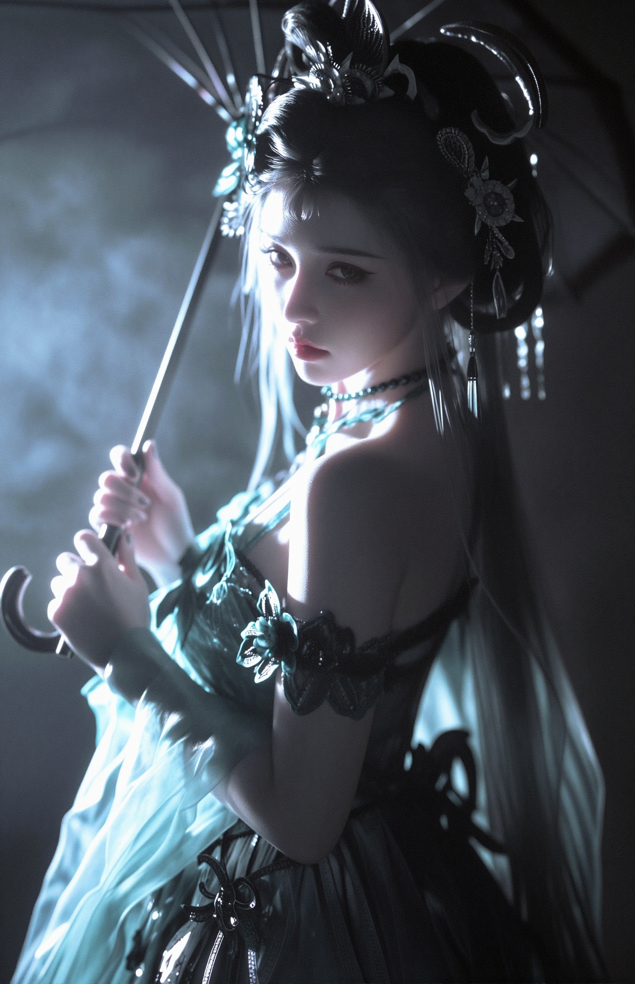 质感光照和自然光线相结合，使画面充满质感。主体是一个真人，美女，皮肤雪白她的发型有着复杂且独特的设计，头饰精美，与发型相互呼应，身上穿着的衣服也是复杂而特别，整体造型统一。她身上散发着薄荷的气息，在这样的光线和质感营造的画面中，显得尤为独特和吸引人。神情傲慢，淡雅。手上拿伞胶片摄影，镜头语言，淡彩，暗调，氛围低光，个性视角，奇妙融合意境，一位美人，真人，有着倾国倾城之貌、皮肤白皙嫩滑， 仿Bjd风格，头上戴着繁华的饰品，清冷感，有洛丽塔支离破碎感， 上帝视角25度转身透光感，玻璃感，洛丽塔阴郁系，深色系，精美繁复服饰配饰，神秘，梦核，高级。高级，烟雾朦胧美，明亮，高颜值，高对比度，虚焦，既视感，情绪氛围感拉满，暗朦，光朦，粒子高噪点，胶片颗粒质感，层次丰富，写意，朦胧美学，光的美学，lomo效果，超现实，高级感，杰作