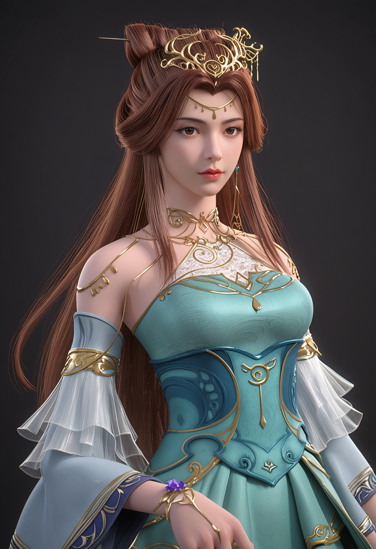 (upper_body:1.2),(looking at viewer:1.1),facing viewer,direct gaze,<lora:YQ_pony_sulingyun_V4:0.8>,1girl,solo,long hair,brown hair,hair ornament,dress,hair bun,brown eyes,jewelry,blue dress,detached sleeves,earrings,green dress,necklace,animal ears,shoes,pantyhose,high heels,tiara,blue footwear,circlet,black footwear,hair rings,BREAK (white skin:1.1),(fair skin:1.1),(Ivory skin:1.1),(shiny skin),perfect anatomy,(simple background,pure black background,black background:1.1),