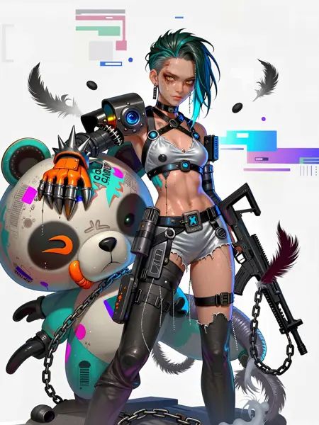 ANIFACZIT: A hyper-detailed cyberpunk anime girl with spiky teal-black hair streaked with electric blue highlights stands defiantly against a stark white void. Her face bears smudged ink-like tears and bruise shadows beneath piercing amber eyes; her skin glows faintly under neon light. She wears a torn silver bralette strapped over exposed midriff, cinched by tactical black harnesses adorned with metallic X-braces and glowing circuitry. Heavy armored gauntlets — one orange-tinted, another spiked steel — grip a colossal, decaying plush panda mascot painted in faded turquoise and ivory, its eyes hollow yet alive with graffiti scars. Behind her looms a jagged shoulder-mounted weapon fused with chainsaw blades and golden rivets. Her hips flare out as she carries a compact assault rifle slung across her back, while frayed combat pants dangle loosely around her thighs, revealing toned legs slick with sweat. Chains coil like serpents along her arms, trailing behind her tailbone where dark feathers flutter wildly. The entire scene pulses with digital grit, steam vents exhale vapor, and every surface reflects fractured holograms — this warrior’s soul radiates raw power wrapped in chaotic beauty. <lora:Anime_Factory_E6_ZIT:0.4>