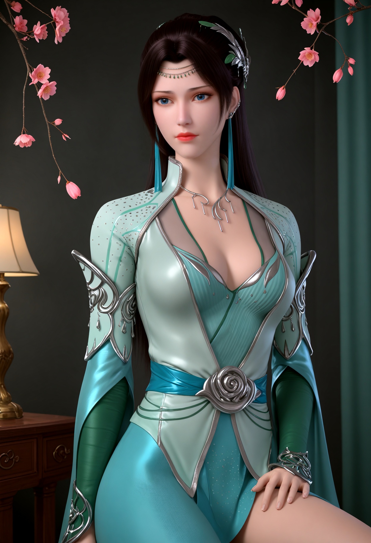 (upper_body:1.2),(looking_at_viewer:1.1),(masterpiece:1.1),(best quality:1.2),(intricate details),(smog:1.3),(Dark room:1.3),(dim lighting:1.3),peach blossom,falling petals,<lora:YQ_Illustrious光辉v5_云韵绿衣_V1:0.8>,q1528437228,1girl,solo,long_hair,earrings,black_hair,hair_ornament,dress,blue_eyes,necklace,green_dress,ponytail,hair_bun,realistic,legs,masterpiece,(best quality),(intricate details:0.9) BREAK (intricate details:0.9),(realistic skin:1.2),masterpiece,best quality,newest,absurdres,hiahres,