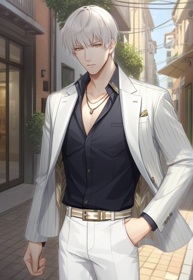 (best quality), ((masterpiece)), (highres), illustration, original, extremely detailed,   <lora:光与夜之恋同人人物篇:0.7>qsl, male focus, 1boy, pants, solo, shirt, white pants, holding, black shirt, standing, jacket, long sleeves, striped, outdoors, short hair, yellow eyes, white hair, white jacket, looking at viewer, belt, jewelry, collared shirt, dress shirt, necklace, holding weapon, bangs, weapon, formal