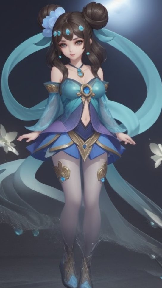 (1girl),smooth chin,masterpiece,detailed face,((hair ornament)),top quality,4k,make up,best quality,medium breasts,(looking at viewer),long legs,double bun,jewelry hair,dress,detached sleeves,ribbon,shawl,light blue skirt,puffy pants,hair rings,hair flower,(wariza),(arms behind back),bangs,jewelry on bangs,<lora:王者小乔青蛇SD_v1.0:0.6>,