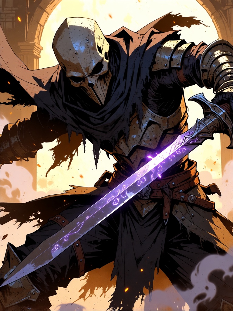 A lean masked duelist lunges mid strike,  cloak whipping violently behind them,  blade angled low in a predatory stance. T...