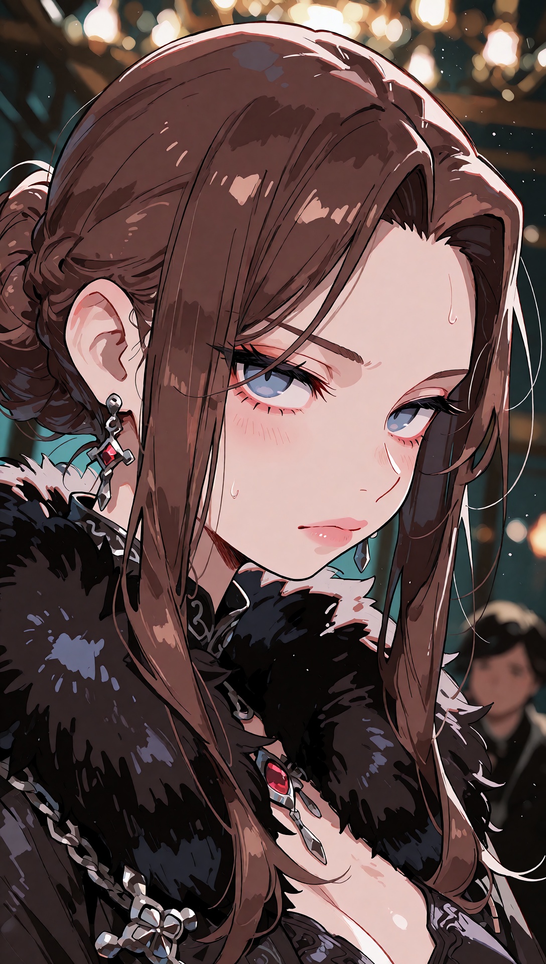 A young woman in an intimate close-up,  her face framed by an updo hairstyle of light brown hair that falls softly around...