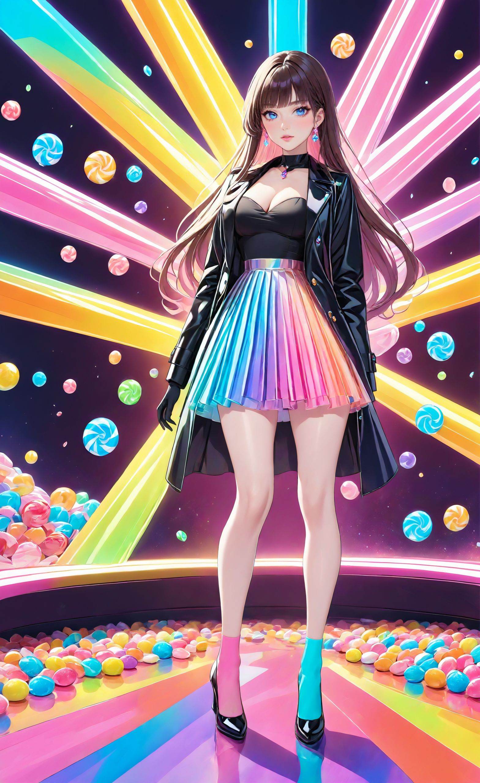 masterpiece,bestquality,(candy lady),(two candy ladies),slender legs,elegant full body posture,colorful top,colorful dress,colorful socks,sci-fi crystal background,candy long boots,<lora:20240730-1722271406618:0.7>,<lora:detailer-xl:1>,crystal world,standing,