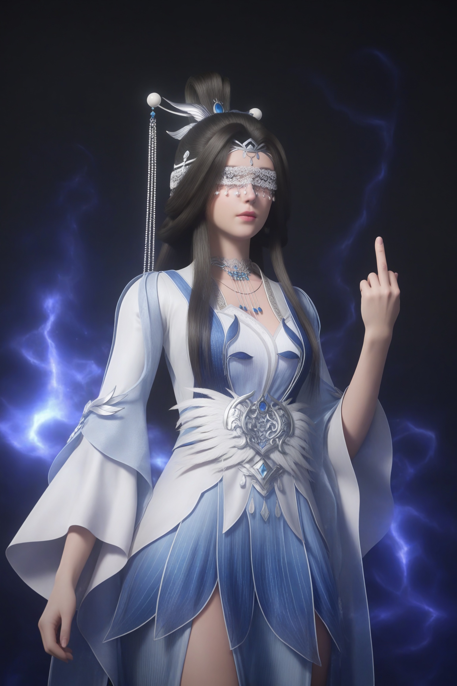 black background,diablo style,dark,surreal,photorealistic,masterpiece,best quality,mood lighting,soft glow,portrait,front view,navel,mittelt,Facing the camera,Left hand raised,Middle finger gesture,Attitude,Defiant expression,realistic tattoos,skin texture,<lora:仙逆-兰若始祖ILL:0.7>,long,flowing,dark hair,ornate hairpiece,eyes are obscured white veil,complex,ethereal white gown mix blue hues,intricate,flowing sleeves and a corset-like bodice,