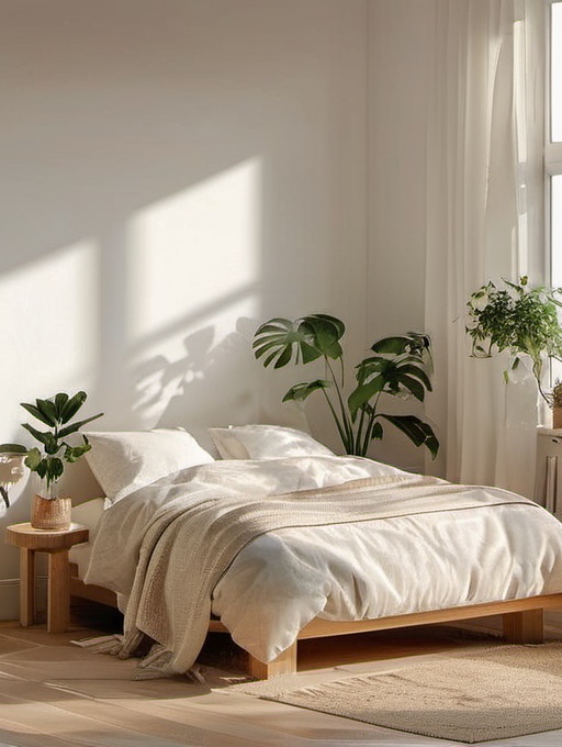 no humans,pillow,bed,plant,window,indoors,sunlight,wooden floor,curtains,shadow,lamp,bedroom,day,potted plant,JDWS 