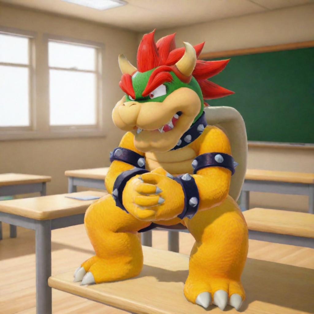 Bowser sitting on desk in classroom. Anime style on Tensor.Art