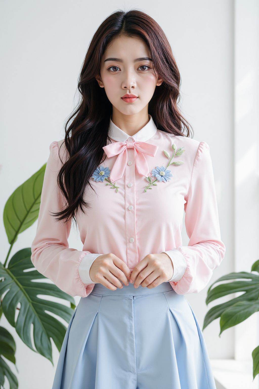 The image is a high-resolution photograph featuring a young Asian woman standing against a minimalist white background. She has long, wavy black hair that cascades down her shoulders. Her makeup is subtle, with a natural look that enhances her features. She wears a pastel pink blouse with long sleeves and a white collar, adorned with delicate floral embroidery in shades of blue and green. The blouse is tied at the neck with a soft pink bow, adding a touch of elegance. She pairs the blouse with high-waisted, light blue pleated skirts that fall to her knees, creating a polished and refined look.In the background, there are two large green houseplants with broad leaves, one on either side of the woman. The plants add a touch of nature and freshness to the otherwise minimalist setting. The lighting is soft and natural, highlighting the soft textures of her clothing and the vibrant green of the plants. The overall aesthetic of the photograph is clean, modern, and elegant, emphasizing the subject's refined style and the serene background.