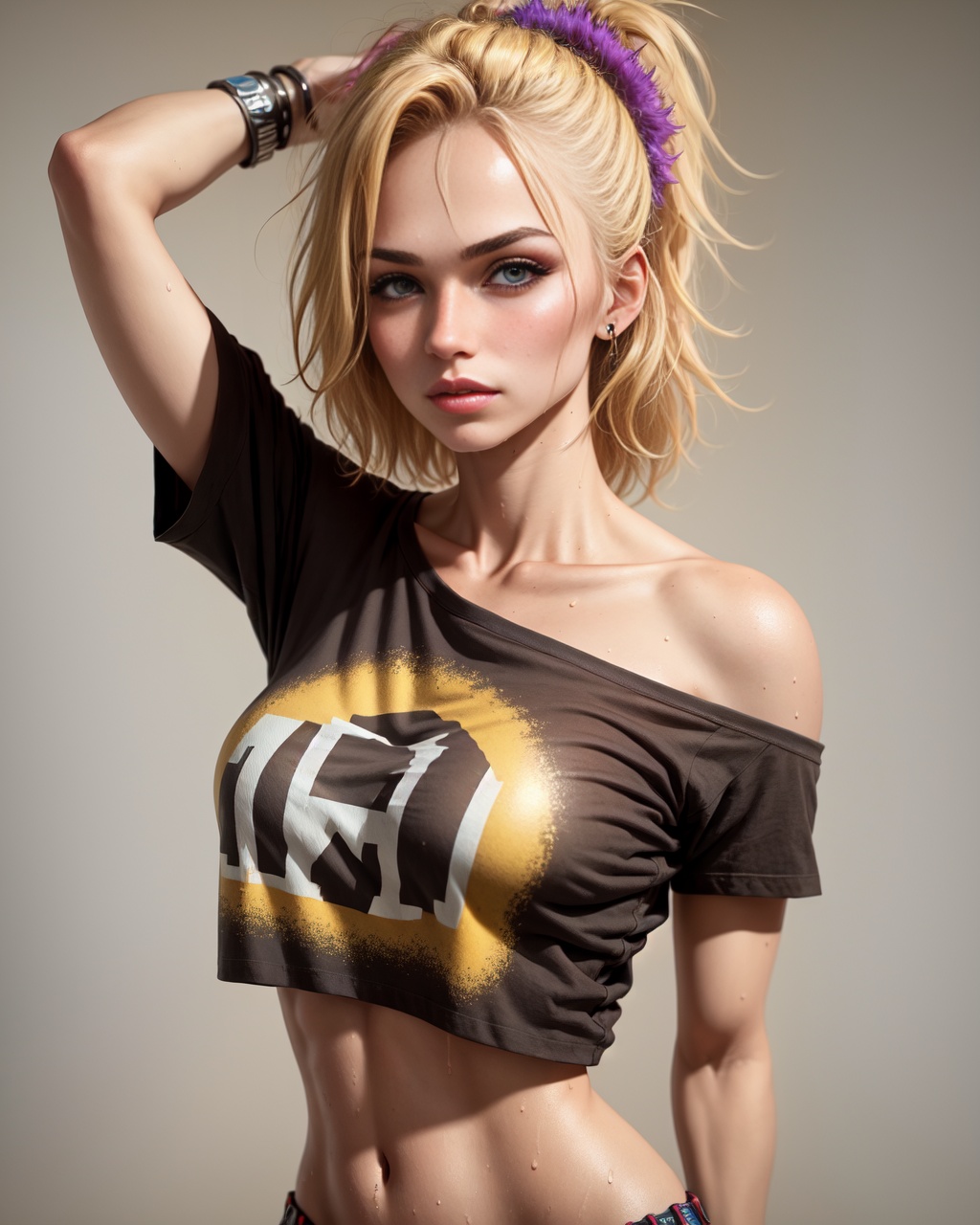 (1girl), medium breasts, tan, dewy skin, sweaty skin, wavy blonde hair, punk tshirt, punk girl