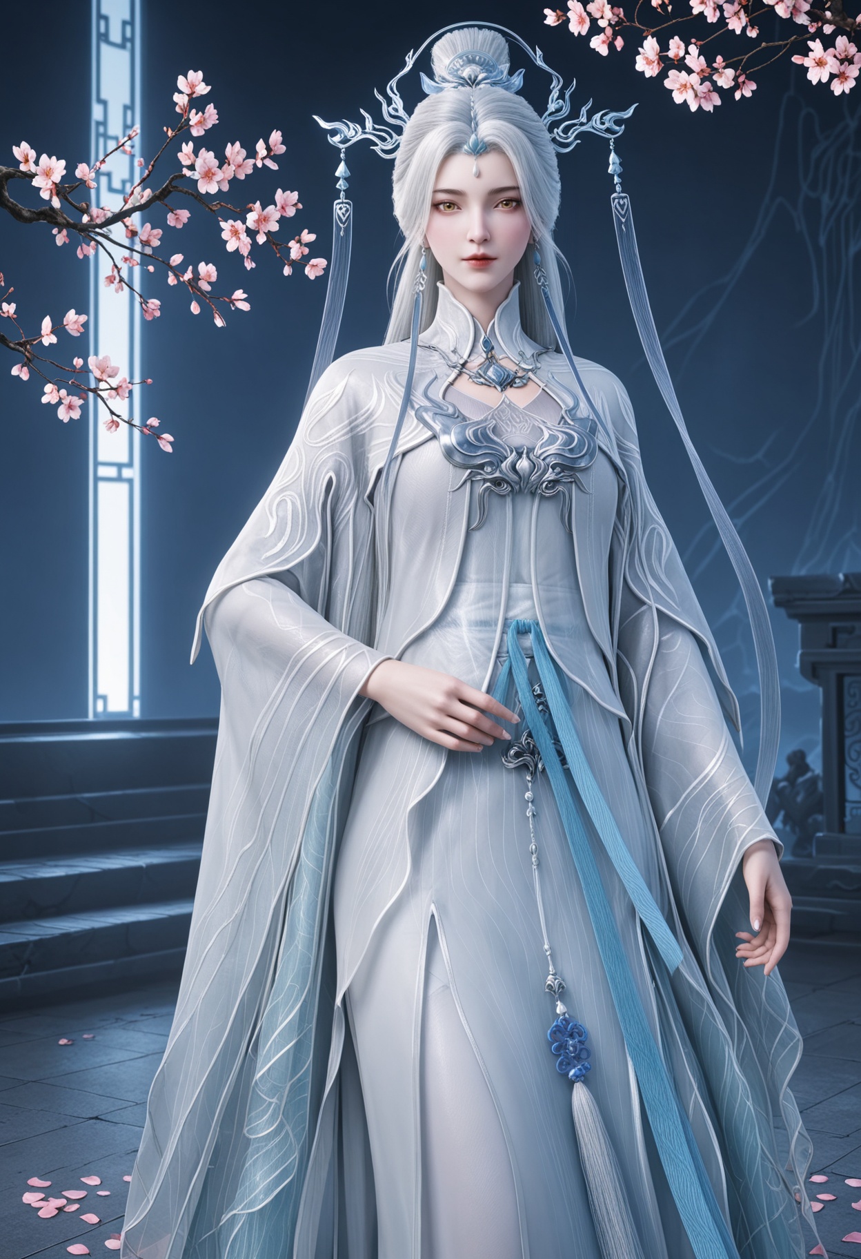 (standing full_body:1.1),(looking at viewer:1.1),masterpiece,(best quality),smog,Dark room,dim lighting,peach blossom,falling petals,<lora:YQ_Illustrious光辉v5_剑妈_服装2_V1:0.8>,q1528437228,solo,1girl,white hair,long hair,jewelry,hair ornament,earrings,hair bun,chinese clothes,dress,long sleeves,white dress,yellow eyes,wide sleeves,forehead mark,brown eyes,robe,single hair bun,tassel,facial mark,