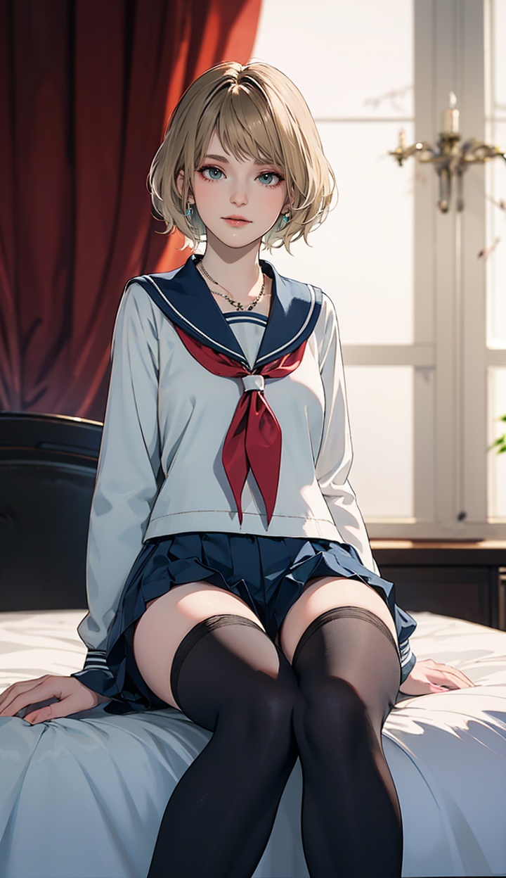 1girl,short hair,thighhighs,indoors,solo,no shoes,sitting,window,school uniform,looking at viewer,long sleeves,white thighhighs,closed mouth,bed,blurry,on bed,serafuku,curtains,sailor collar,skirt,bedroom,sunlight,shirt,neckerchief,jewelry,blurry background,shorts,ashley,<lora:ashleyre4r-000005:0.8>,