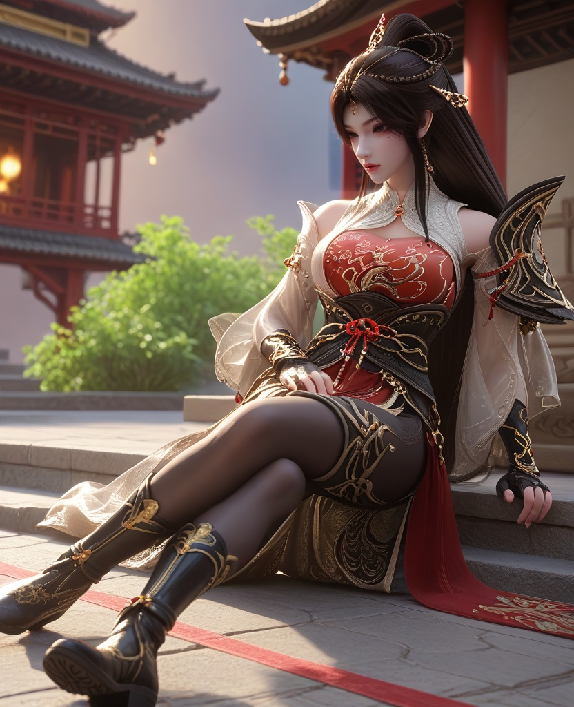 (oriental architecture, elegant decor, sophisticated style:1.1),(Lying on back with face to the side,:1.1),(split crop:1.1),(large breasts:1.2),<lora:XL16云深不知梦羲和第7集封魔祭典:0.95>,miss xihe,two-tone black and red corset dress,left pauldron,black hair,very long hair,half-up crown ponytail with long cascading hair,hair ornament,jewelry,black fingerless gloves,sash,black boots,, score_9,score_8_up,score_7_up,score_6_up,score_5_up,score_4_up,3d rendering,tag1,tag2, Cinematic Lighting,backlighting,