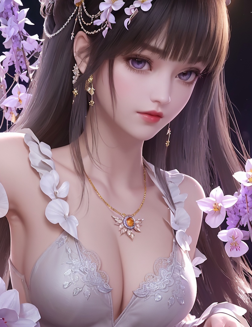 ultra realistic 8k cg, picture-perfect face, flawless, clean, masterpiece, professional artwork, famous artwork, cinematic lighting, cinematic bloom, perfect face, beautiful face, fantasy, dreamlike, unreal, science fiction,   lace, lace trim, lace-trimmed legwear,  (rich:1.4), prestige, luxury, jewelry, diamond, gold, pearl, gem, sapphire, ruby, emerald, intricate detail, delicate pattern, charming, alluring, seductive, erotic, enchanting, hair ornament, necklace, earrings, bracelet, armlet,halo((,1girl, pov,))(((1girl, jewelry, solo,breasts, looking_at_viewer,  outdoors,  full moon,  upper body, wisteria, chloris garden,  cherry blossoms, )))    <lora:DA_YueChanTeen:0.6>