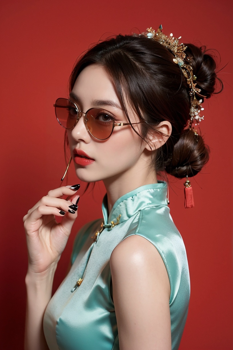 neo-chinese style,national tide,1girl,solo,chinese clothes,sunglasses,china dress,double bun,nail polish,hair bun,dress,hair ornament,red background,looking at viewer,upper body,new year costume,New Chinese cheongsam,new year,red nails,brown eyes,realistic,lips,makeup,lipstick,tattoo,red lips,simple background,red dress,adjusting eyewear,brown hair,pink nails,new year 2024,<lora:sdxl_National fashion:0.7>,masterpiece,best quality,