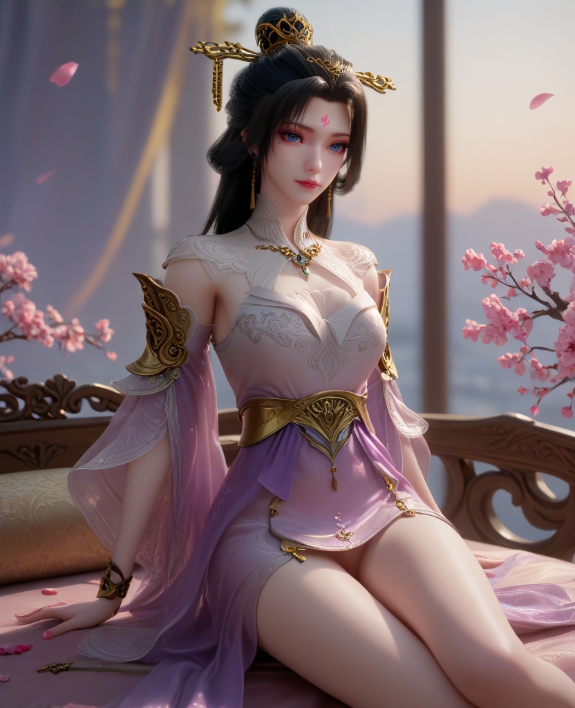 (oriental architecture, elegant decor, sophisticated style:1.1),(Sitting on the edge of a bed, looking thoughtful,:1.1),(breasts:1.2),<lora:XL16克金玩家梅妃:0.95>,miss meifei,purple high slit corset dress,blue eyes,facial mark,black hair,draped looped buns with long cascading hair,hair ornament,jewelry,see-through capelet,bracelet,petals,, score_9,score_8_up,score_7_up,score_6_up,score_5_up,score_4_up,3d rendering,tag1,tag2, Cinematic Lighting,backlighting,, zPDXL3, zPDXL2,zPDXL, zPDXLxxx, zPDXLrl,