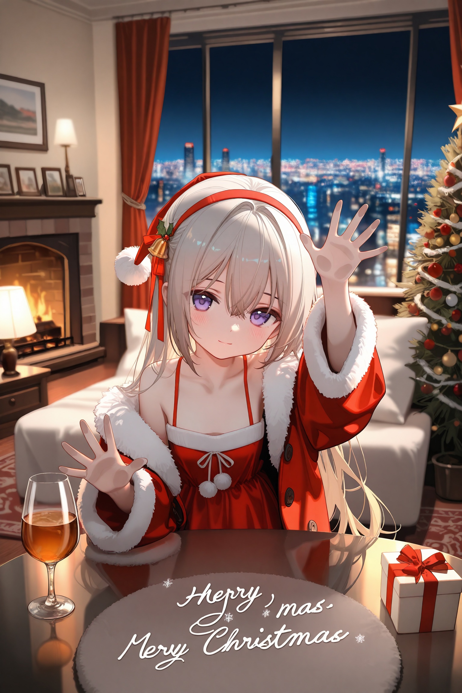 nyalia,loli,loli,loli,1girl,christmas,merry christmas,gift,long hair,hairband,solo,box,lamp,christmas tree,gift box,looking at viewer,indoors,santa costume,window,cup,blue eyes,smile,drinking glass,glass,night,dress,closed mouth,blush,hair between eyes,christmas present,grey hair,carpet,fur trim,condensation,long sleeves,hair ornament,bare shoulders,curtains,blurry,table,red dress,sitting,red hairband,sidelocks,ribbon,off shoulder,blonde hair,city lights,upper body,collarbone,desk lamp,rug,arm up,bell,night sky,christmas ornaments,against glass,depth of field,bed,jacket,santa dress,spaghetti strap,drink,purple eyes,fireplace,bedroom,fur-trimmed jacket,ice,santa hat,cityscape,fur-trimmed sleeves,english text,sky,alcohol,white hair,reaching,skyline,red jacket,armchair,hat,wine glass,hair ribbon,open clothes,red ribbon,blurry background,bow,light smile,pillow,headband,city,wide sleeves,reaching towards viewe,artist:ciloranko,artist:umehara,artist:eip (pepai),artist:ask(askzy),artist:rurudo,