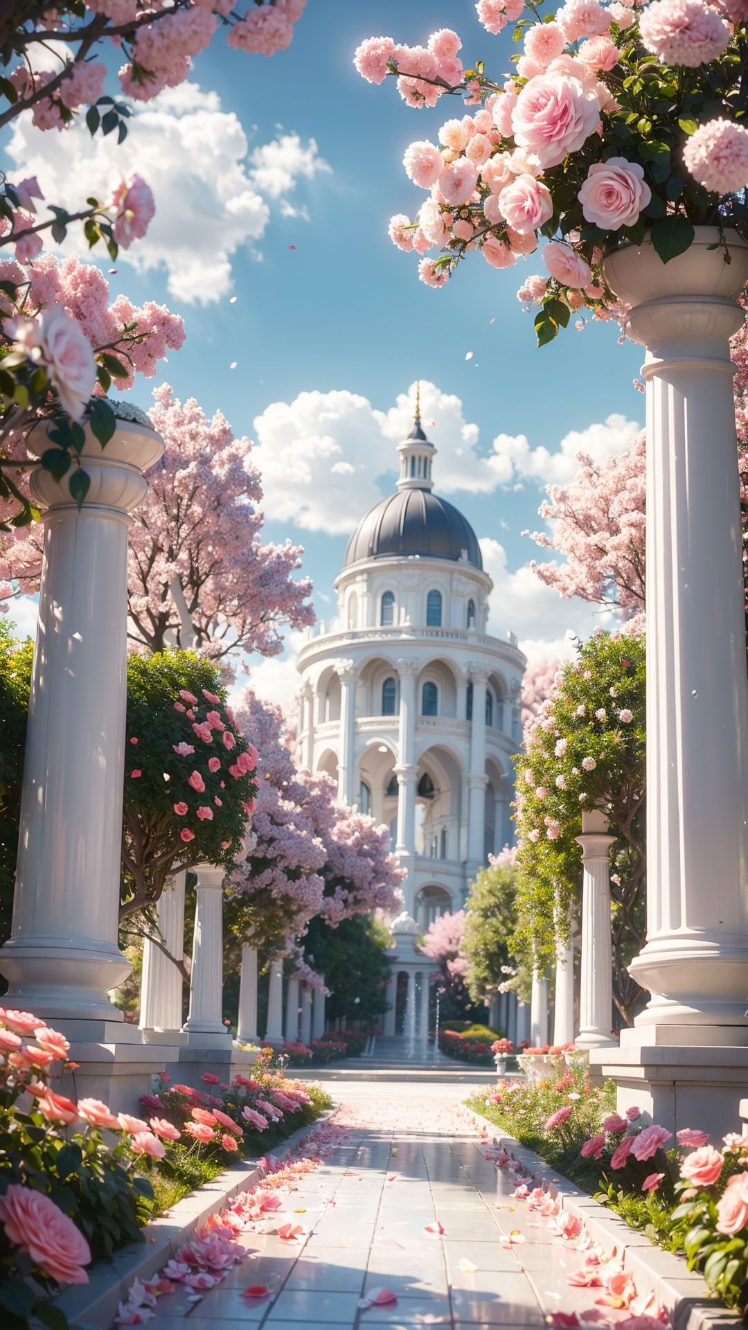 <lora:GONGDIAN_20240316022731:0.75>,GONGDIAN,no humans,scenery,sky,outdoors,tree,day,cloud,petals,pillar,blue sky,arch,flower,cherry blossoms,blurry,pink flower,rose,red flower,pink rose,building,depth of field,reflection,sunlight,cloudy sky,water,blurry foreground,plant,architecture,stairs,column,field,flower field,, scenery,no humans,masterpiece,best quality,high quality,extremely detailed CG,award winning photography,Bokeh,Depth of Field,HDR,bloom,Chromatic Aberration,Photorealistic,extremely detailed,trending on artstation,trending on CGsociety,Intricate,High Detail,dramatic,art by midjourney,volumetric lighting,(Magical),(epic),incredibly absurdres,official wallpaper,extremely detailed CG unity 8k wallpaper,chromatic aberration,detailed color,scene detail extremely tall object,