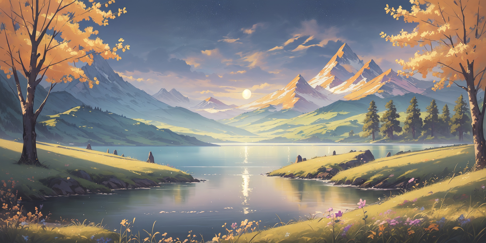 scenery,outdoors,light particles,beautiful detailed sky,beautiful detailed glow,best shadow,panorama,(Lake, Wildflowers, Mountains, Reflection, Colors, Serenity, Tranquility:1.3),(Mountain pass, Moonrise, Night sky, Silhouettes, Serenity, Wilderness:1.2),(Maple trees, Pumpkin patches, Fall foliage, Crisp air, Harvest time, New England landscape:1.1),(masterpiece, best quality, beautiful and aesthetic:1.3),extremely detailed CG,ultra-detailed,beautiful concept illustration,illustration,extremely fine and beautiful,perfect details,<lora:YOUHUA-000018:1>,oil painting \(medium\),