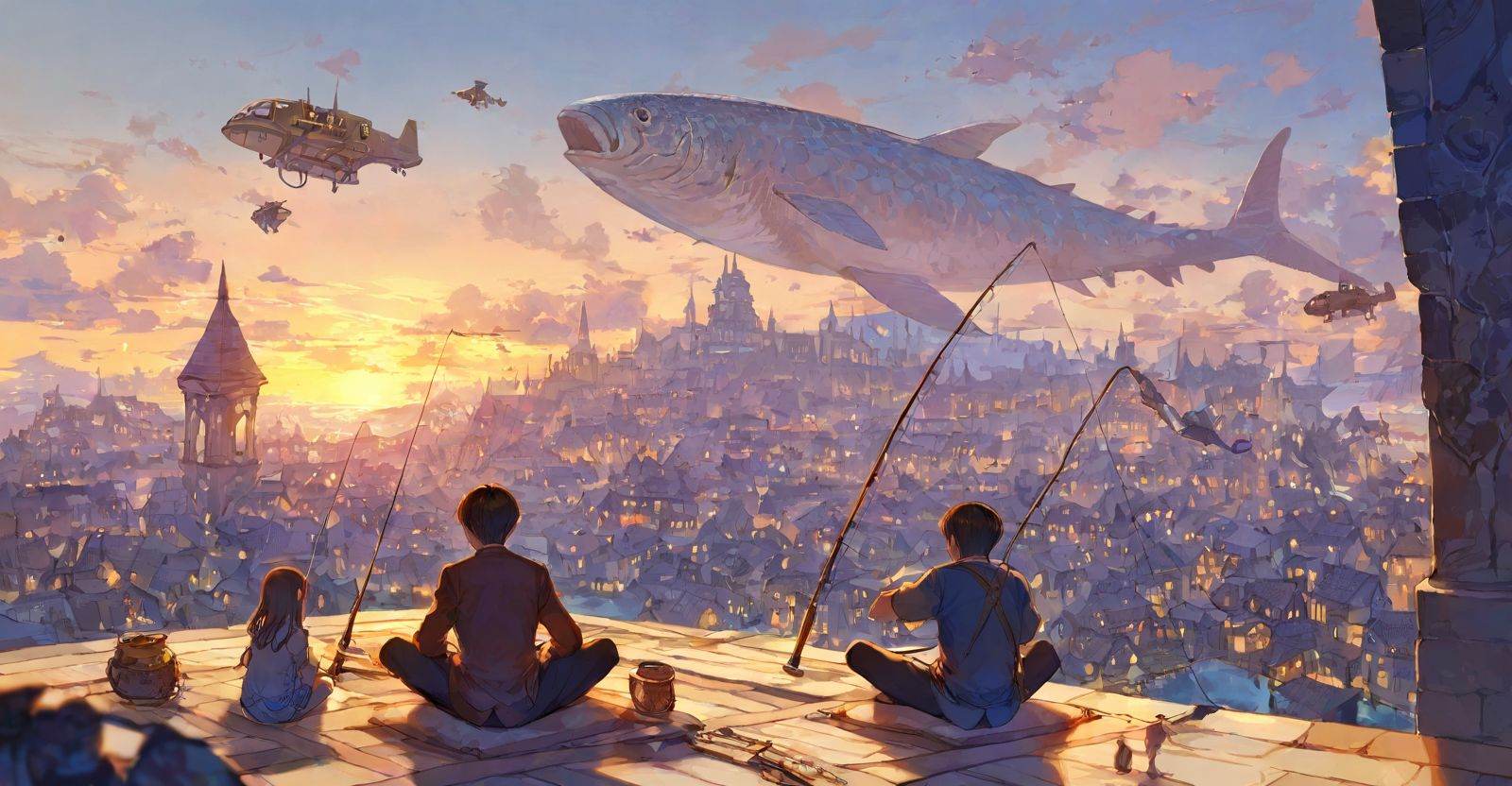 highres,extremely detailed 8k wallpaper,illustration,depth of field,great quality,masterpiece,best quality,amazing quality,very aesthetic,absurdres,Japanese fantasy style,artist:ciloranko BREAK<lora:Japanese fantasy style:0.8>, -Japanese fantasy style, cloud, sitting, sky, scenery, indian style, sunset, building, fishing rod, outdoors, 1boy, city, aircraft, fantasy, from behind, 1girl, animal, cityscape