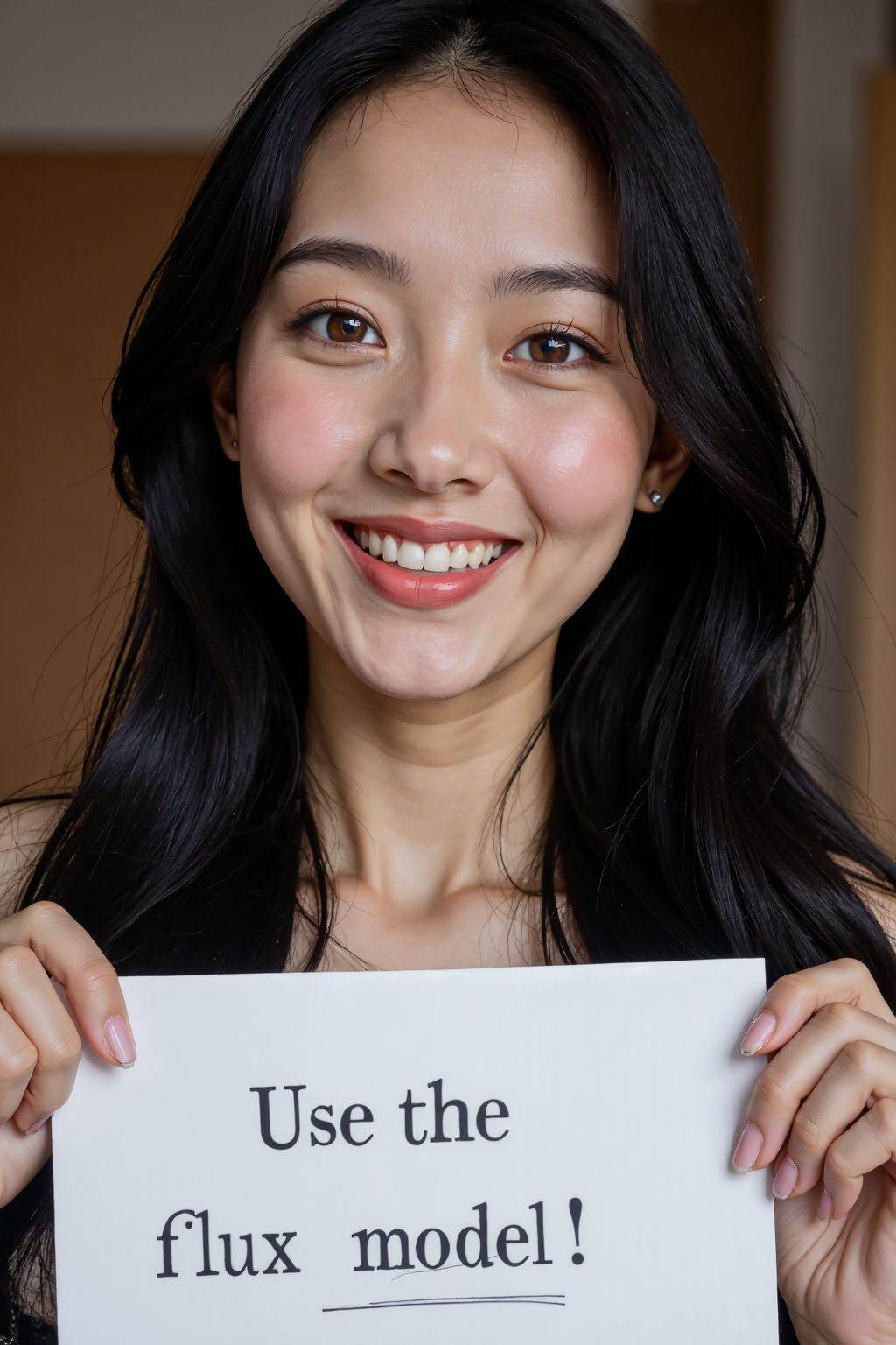instagram photo, closeup face photo of 20 y.o, brown eyes, pale skin, smile, black long straight hair, elegant dress, holding a sign with text "Use the flux model",