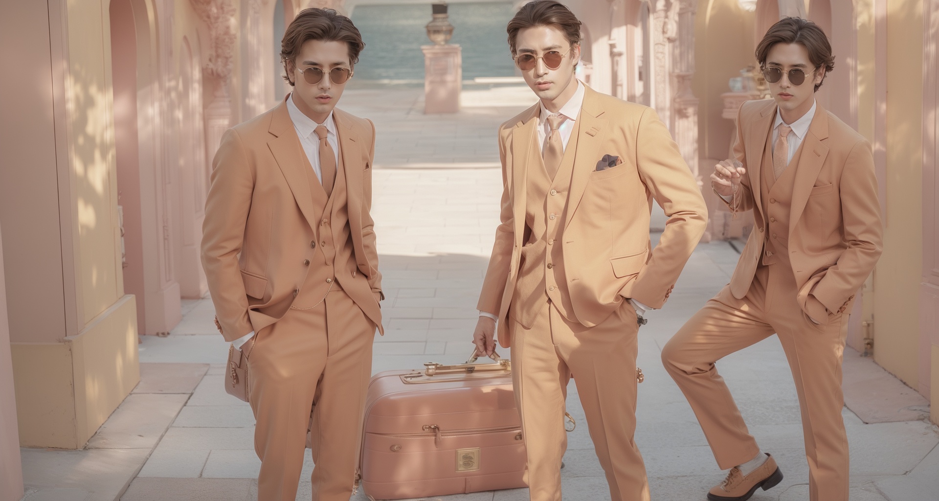 masterpiece,best quality,realistic,1man,solo,handsome,sunglass,breats,brown suit,full body<lora:Hyper-SD15-12steps-CFG-lora:1>,looking at the viewer,<lora:wes_anderson-000004:1>,by wes anderson,symmetrical composition