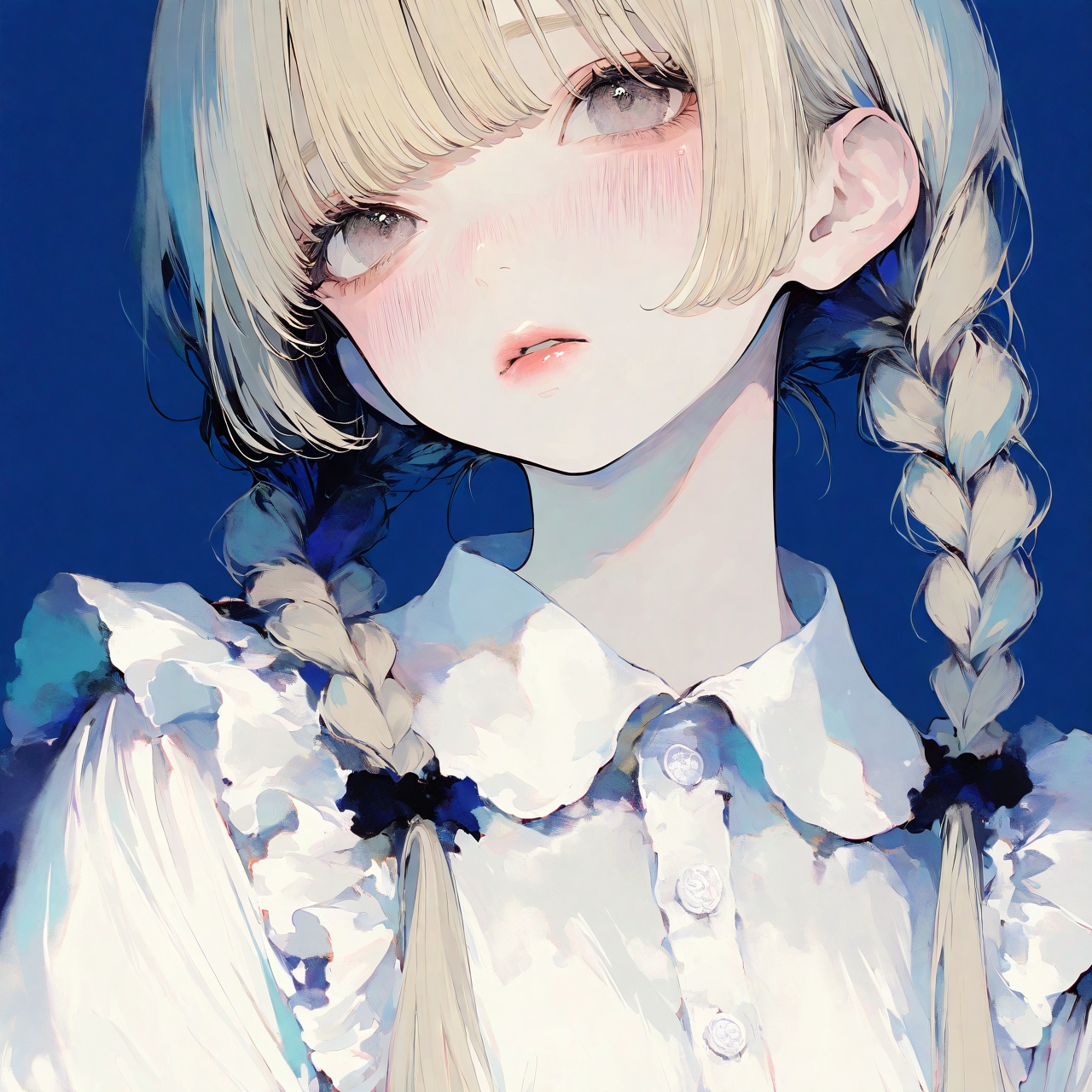 <lora:Tourun ThickPaint Style:0.8>,absurdres,realistic,rim light,wallpaper,best quality,1girl,solo,braid,twin braids,shirt,parted lips,long hair,looking at viewer,blue background,upper body,white shirt,bangs,simple background,blush,frills,blonde hair,lips,collared shirt,grey eyes,twintails,shy,kind_smile,