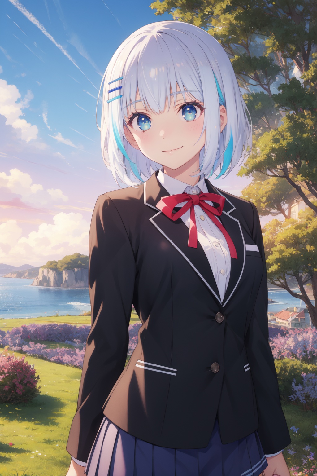 <lora:Origami-000007:0.8>,Origami cyql,1girl,looking at viewer,solo,short hair,white hair,hairclip,hair ornament,blue eyes,school uniform,ribbon,blazer,jacket,skirt,pleated skirt,Naughty, A mischievous grin, a wink, and a playful attitude.,bust,beautiful face,beautiful eyes,glossy skin,shiny skin,Forest, Bluebells, Trees, Flowers, Spring, Colors, Serenity, Beauty,(Heather blooms, Coastal cliffs, Ocean views, Coastal breeze, Heather carpet, Cliffside panorama:0.6),beautiful detailed sky,beautiful detailed glow,posing in front of a colorful and dynamic background,masterpiece,best quality,beautiful and aesthetic,contrapposto,female focus,wallpaper,fashion,