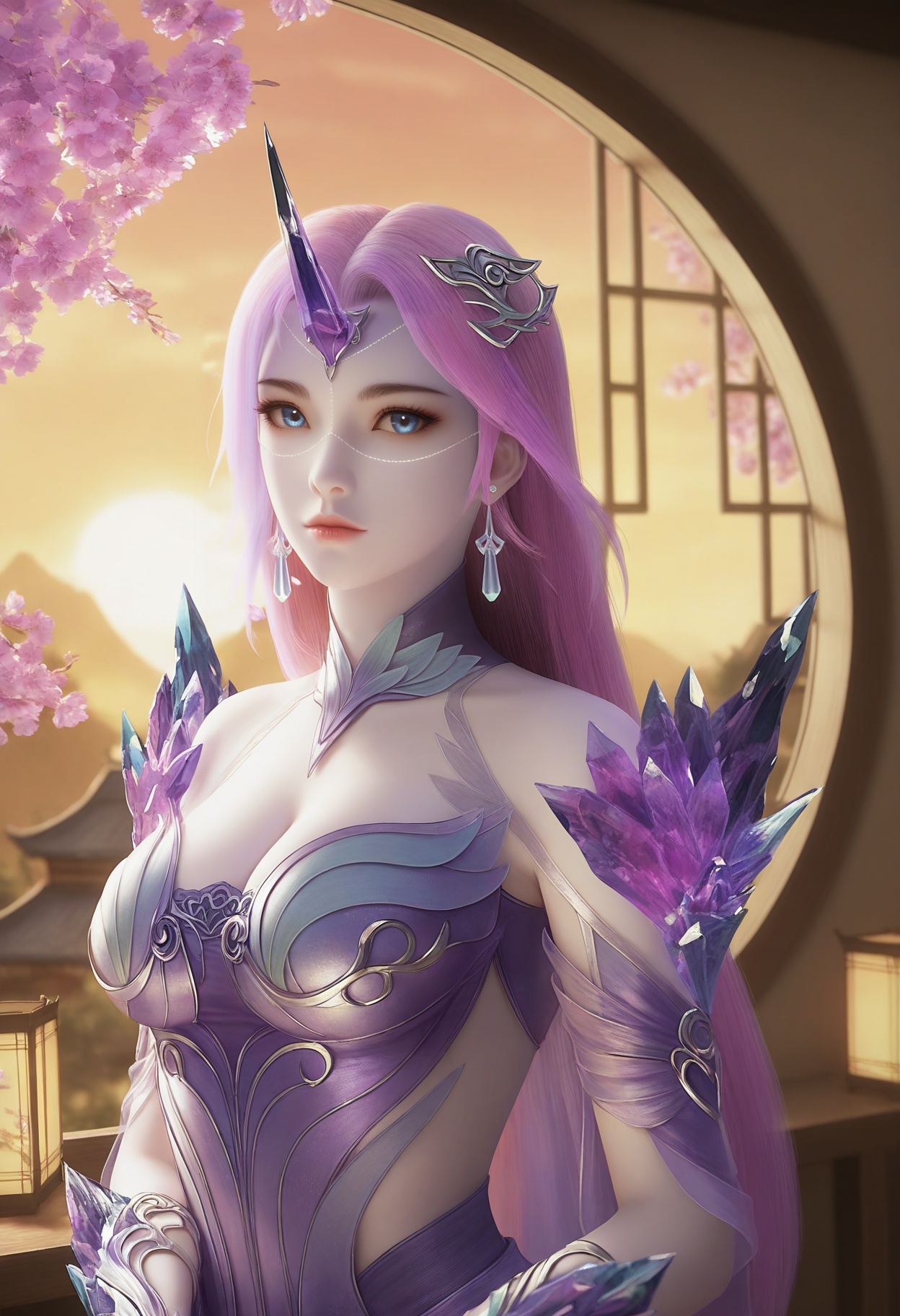 Yue_liu,1girl,blue eyes,long hair,purple hair,earrings,jewelry,hair ornament,crystal,single horn,pink hair,bare shoulders,gem,cleavage,<lora:Yue_liu_10_illu-000005:0.75>,dress,armor,see-through,skirt,purple dress,photorealistic,hyperrealistic,(pale skin:1.2)looking at viewer,standing,(upper body:1.2),close up,head shot,lantern,open window,looking at viewer,indoors,mountains,blossoms,flowers,east asian architecture,beautiful sunrise,warm ambient temperature,