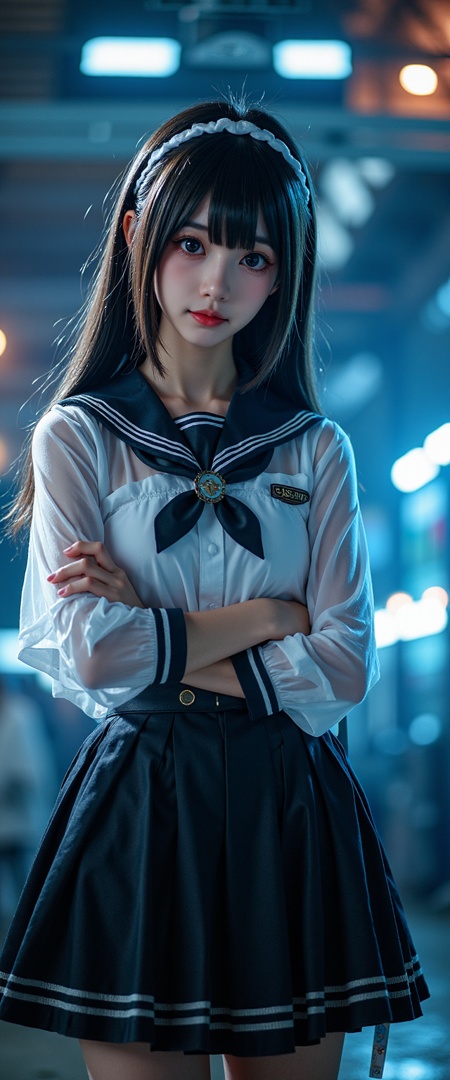 isuzu hana,girls und panzer,panzer iv,ooarai school uniform,ooarai military uniform,anglerfish,****,black eyes,white hairband,,(((photo raw)),),from front,Alternate Reality, Stylish Fashion, Creative Art, Unique Aesthetic,Alternative Style,reflective light,glowing,energy, reflection ,wearing see-through Hanfu,
