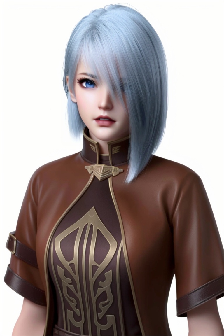 ((HRD, HUD, 8K)),((masterpiece, best quality)), highly detailed, soft light,1girl, solo, short hair, bangs, blue hair, white hair, hair over one eye, blue eyes, lips, simple background, white background, upper body, standing, looking at viewer,  <lora:20240425-1714007036601:0.72>