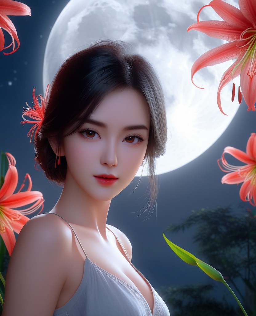 <lora:585-DA-XL-眷思量-璎陌:0.8>(,1girl, ,best quality, ),looking at viewer,  ,,ultra detailed background,ultra detailed background,ultra realistic 8k cg, ,masterpiece, spider lily,full moon, (cleavage), (),