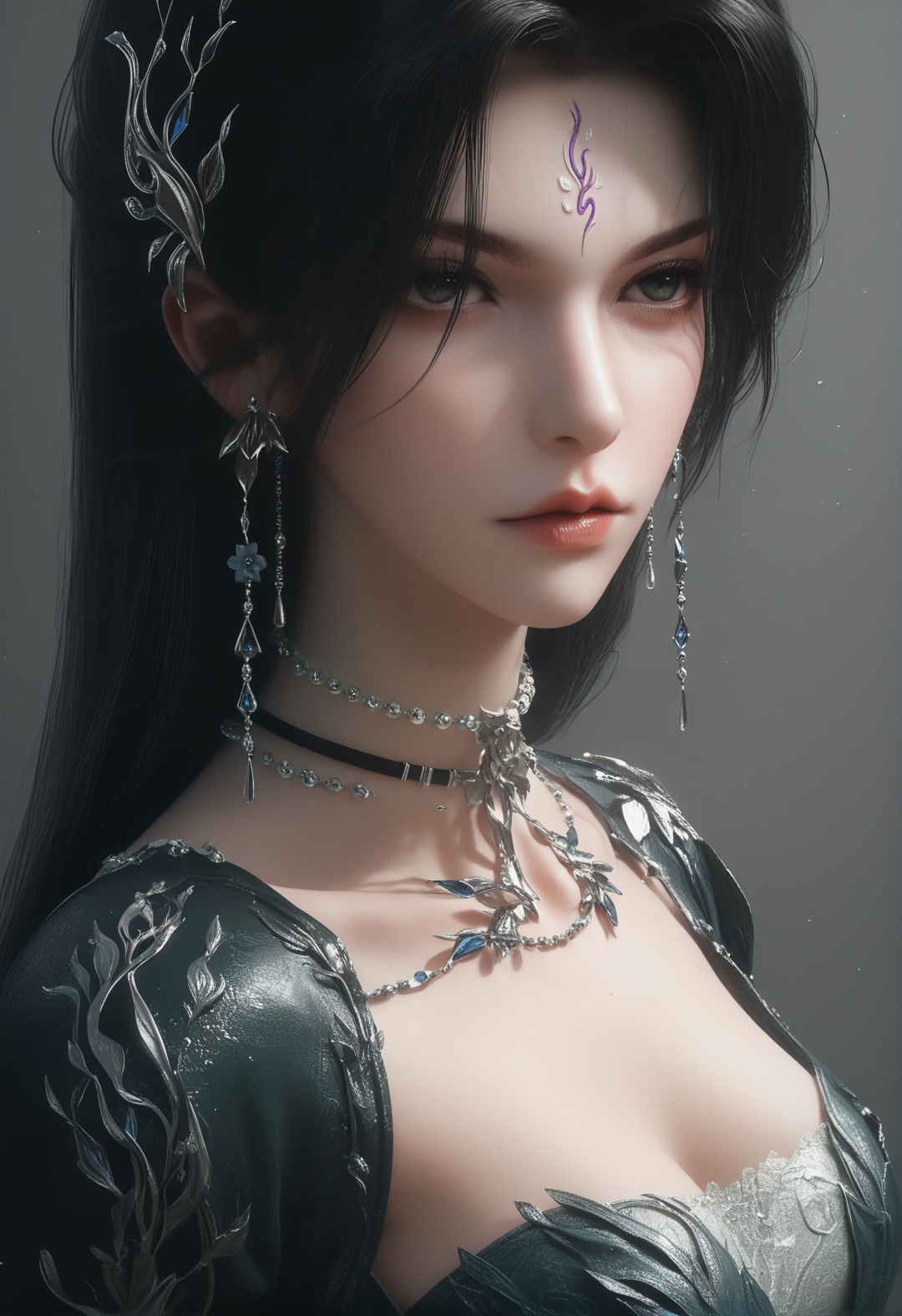 supermodel,score_8_up,score_7_up,hyperdetailed,hyperrealistic,volumetric lighting,focus on face,textured skin,eye lighting,SkinHairDetail,zPDXL,intricate and refined delicate details,unreal engine,very attractive,ultra high res,Expressiveh,realistic skin,score_9,score_8_up,score_9,score_8_up,1 girls,high cold face,yujie,breasts,jewelry,beautiful eyes,detailed eyes,<lora:曦和岚月门:0.8>,black hair,choker,dress,earrings,expressionless,eye focus,facial mark,forehead mark,gloves,hair ornament,necklace,upper body,xihe,