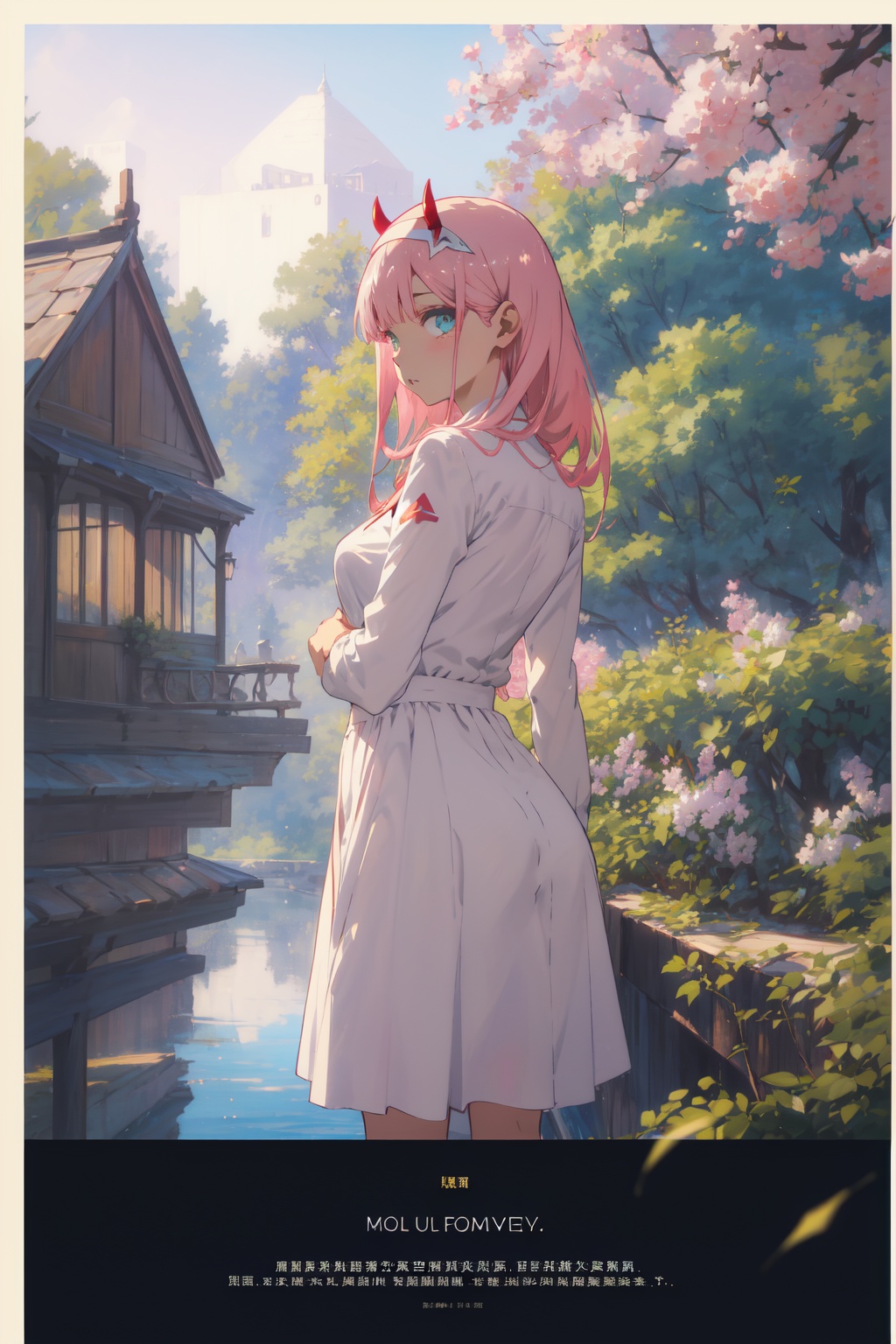 1girl,looking at viewer,solo,anime coloring,long hair,pink hair,straight hair,bangs,white hairband,horns,green eyes,eyeshadow,02_CYQL,<lora:02:0.8:lbw=MIDD>,Avant-garde ensemble with a futuristic dress and bold accessories,(female_orgasm on side profile from_back:1.1),beautiful face,beautiful eyes,glossy skin,shiny skin,Marshland, Sunrise, Birds, Water, Reeds, Reflection, Serenity, Colors,Cottage garden flowers, Rain-soaked petals, Garden path, Raindrops, Summer shower, English countryside,beautiful detailed sky,beautiful detailed glow,(movie poster:1.2),(border:1.3),(English text:1.4),posing in front of a colorful and dynamic background,masterpiece,best quality,beautiful and aesthetic,contrapposto,female focus,fine fabric emphasis,wallpaper,fashion,depth of field,intricate_detail,finely_detailed,fine_fabric_emphasis,glossy,<lora:增强减少细节add_detail:0.4>,