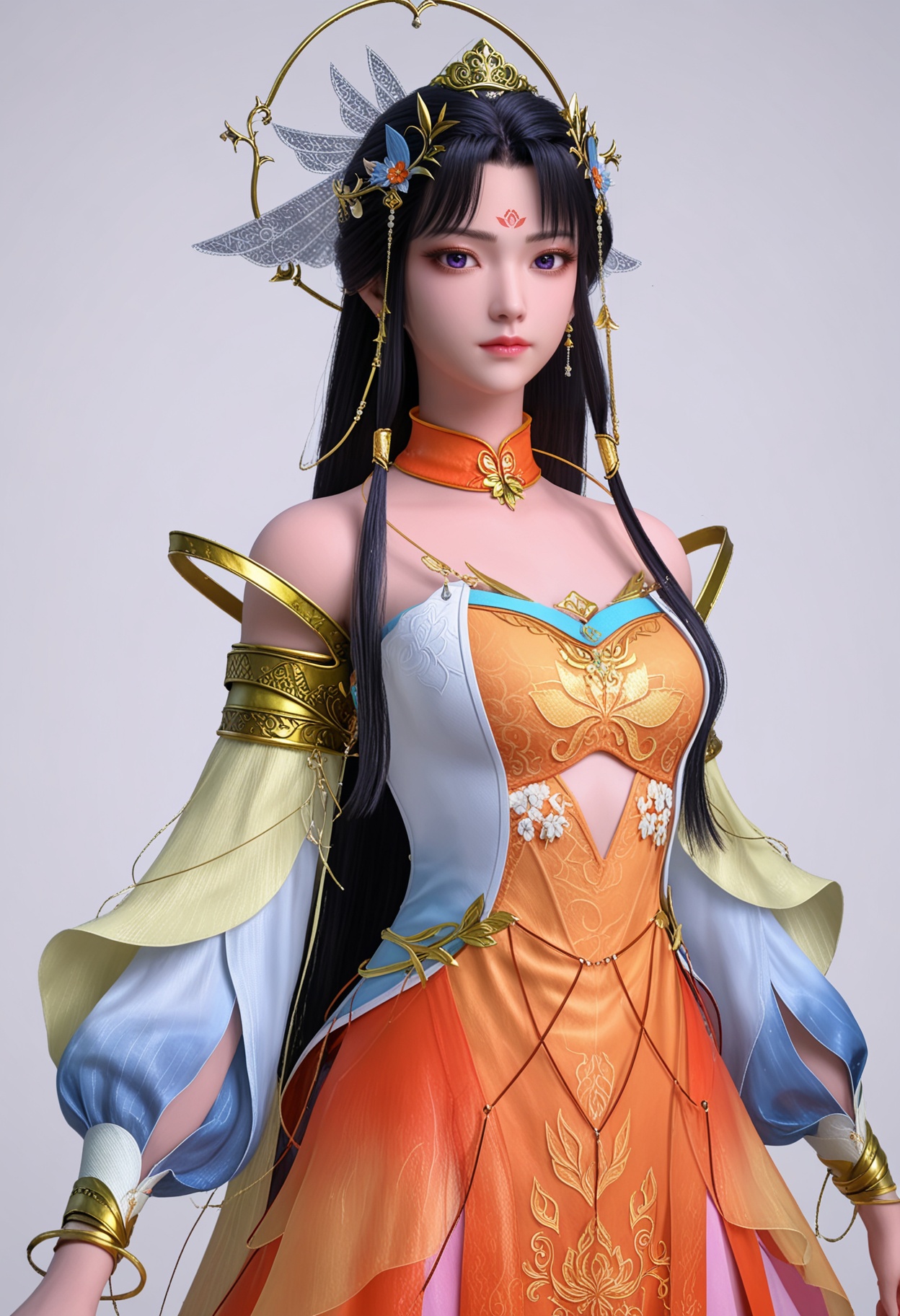 score_9,high detail,best quality,shiny skin,shiny,miaomiao,1girl,solo,purple eyes,black hair,hair ornament,long hair,dress,bare shoulders,white background,jewelry,detached sleeves,forehead mark,closed mouth,detached collar,simple background,earrings,orange dress,realistic,long sleeves,expressionless,bracelet,looking at viewer,thighs,<lora:QQSponymiaomiaoV1:0.8>,<lora:Pony_DetailV2.0:0.8>,<lora:皮肤凹痕:0.1>,