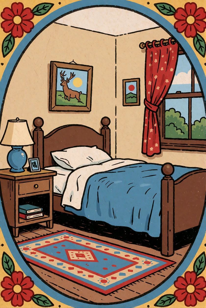 folk comic illustration. A quiet bedroom interior. Decorative border. on Tensor.Art