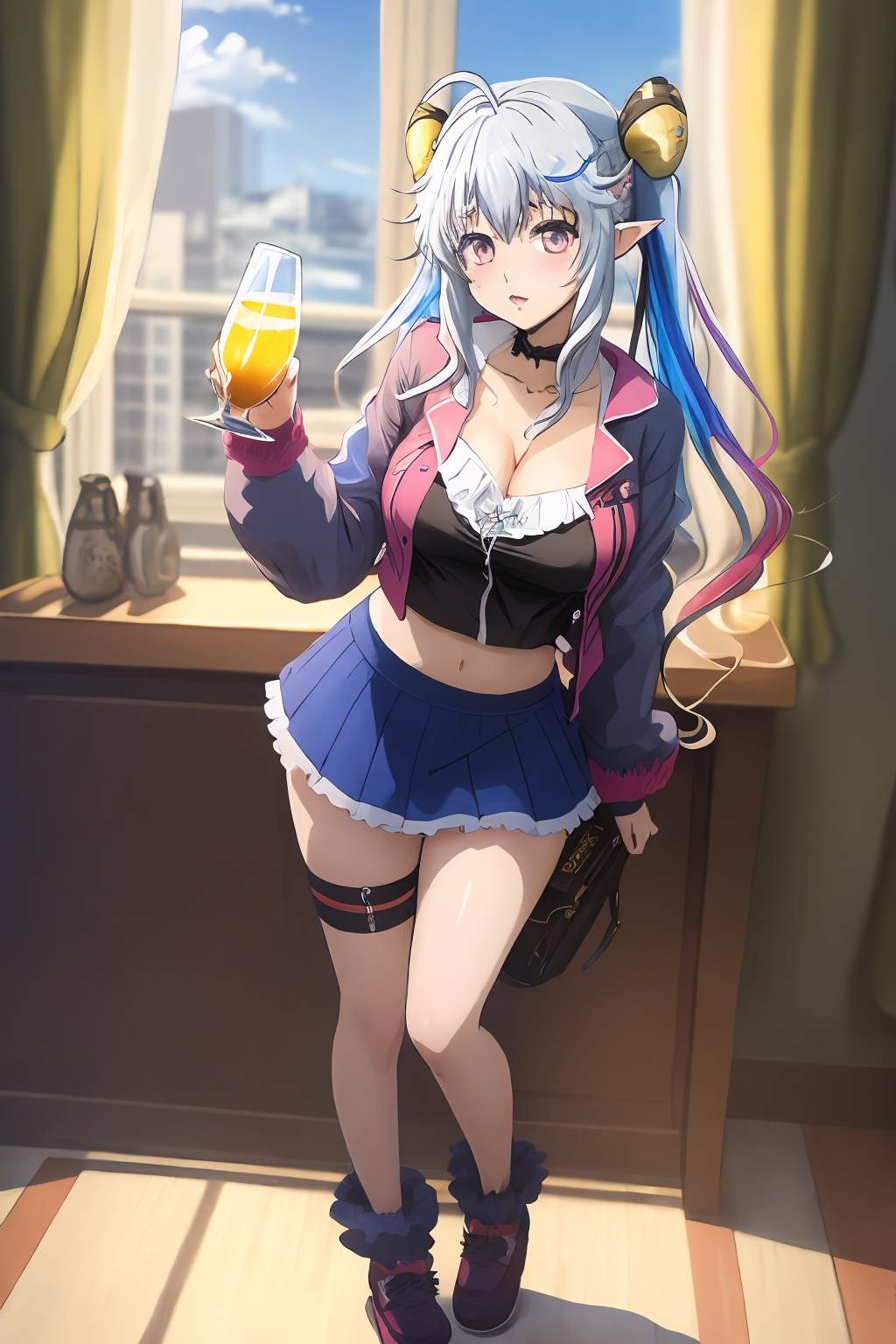 (masterpiece),(best quality),illustration,ultra detailed,hdr,Depth of field,(colorful),best quality,Artist rin yuu,1girl,solo,slippers,long hair,breasts,yukihana lamy,camisole,large breasts,heart,ahoge,skirt,blue hair,virtual youtuber,looking at viewer,yellow eyes,thigh strap,full body,navel,blush,frills,pointy ears,blue skirt,cleavage,twintails,cup,hair ornament,arm up,heart ahoge,open clothes,standing,midriff,pillow,long sleeves,drinking glass,pajamas,blue theme,jacket,ribbon,streaked hair,hair ribbon,window,multicolored hair,parted lips,<lora:LL_20240414234023-000004:0.8>,