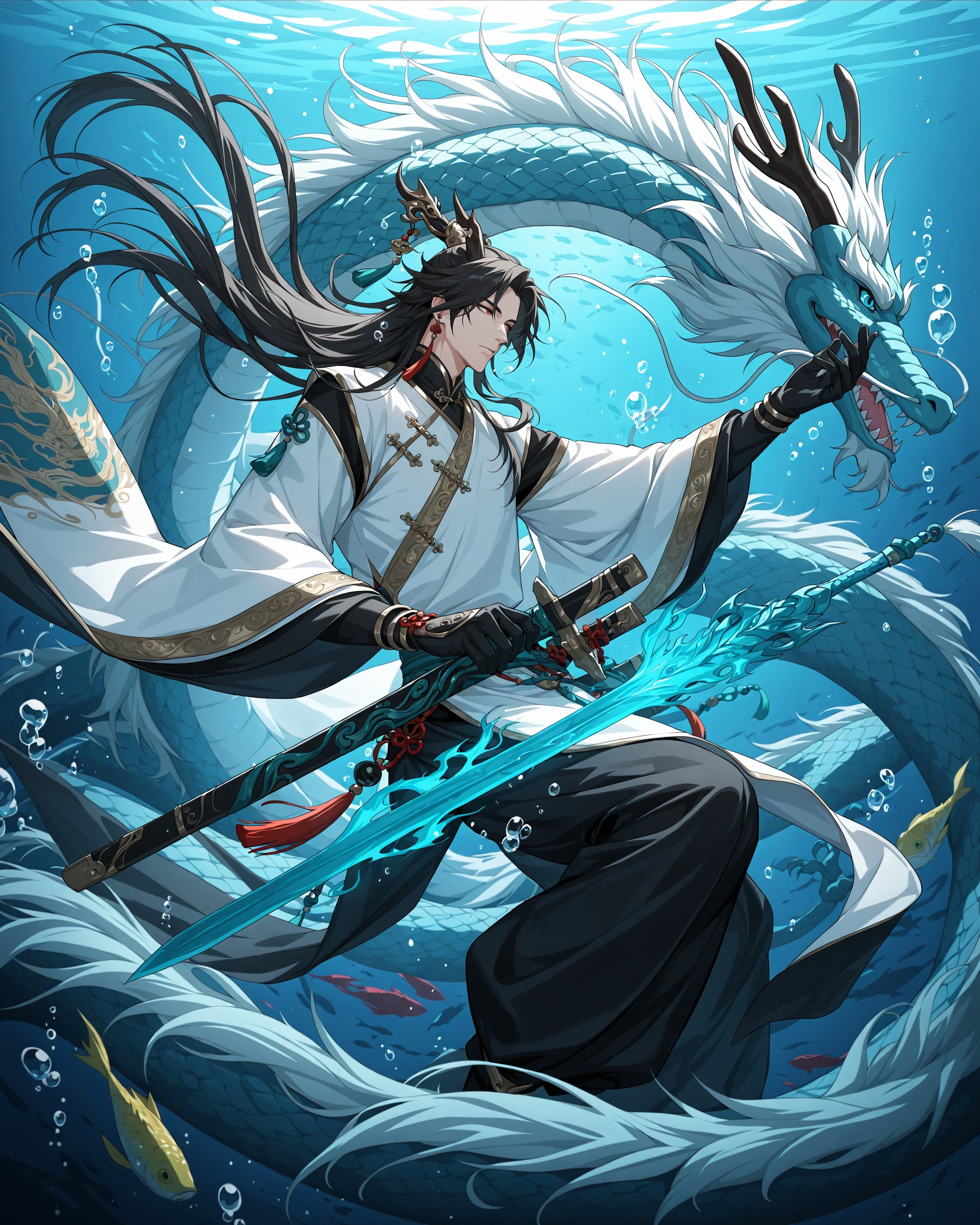glow style, 1boy, weapon, long hair, dragon, sword, male focus, fish, bubble, jewelry, air bubble, eastern dragon, underwater, gloves, hair ornament, chinese clothes, earrings, black gloves, horns, sheath, wide sleeves, long sleeves, tassel