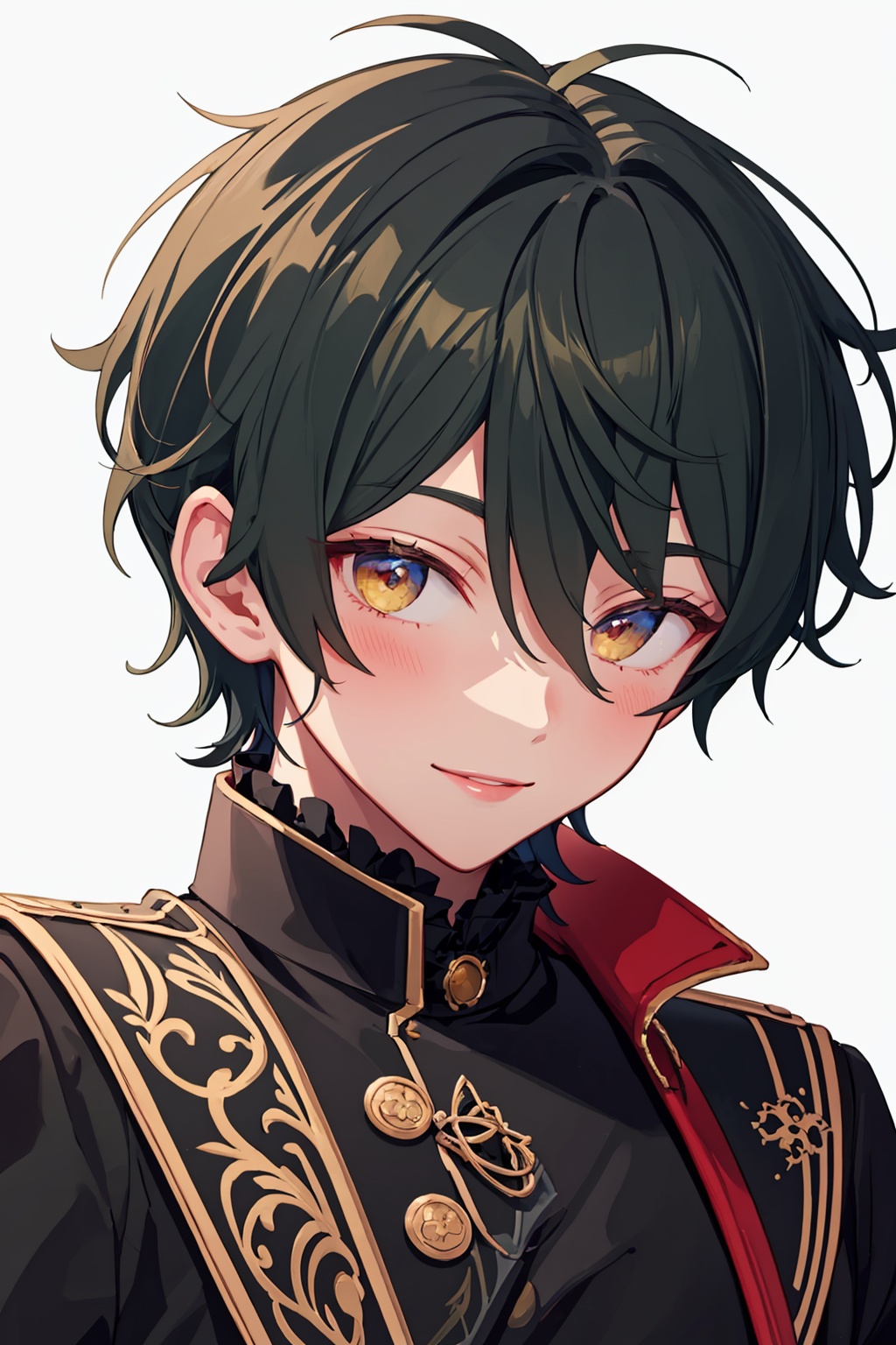 masterpiece,best quality, highly detailed, 1boy,kagehira mika,male focus,solo,looking at viewer,long sleeves,smile,white background,black gloves,simple background,blush,<lora:kagehira_mika:1>