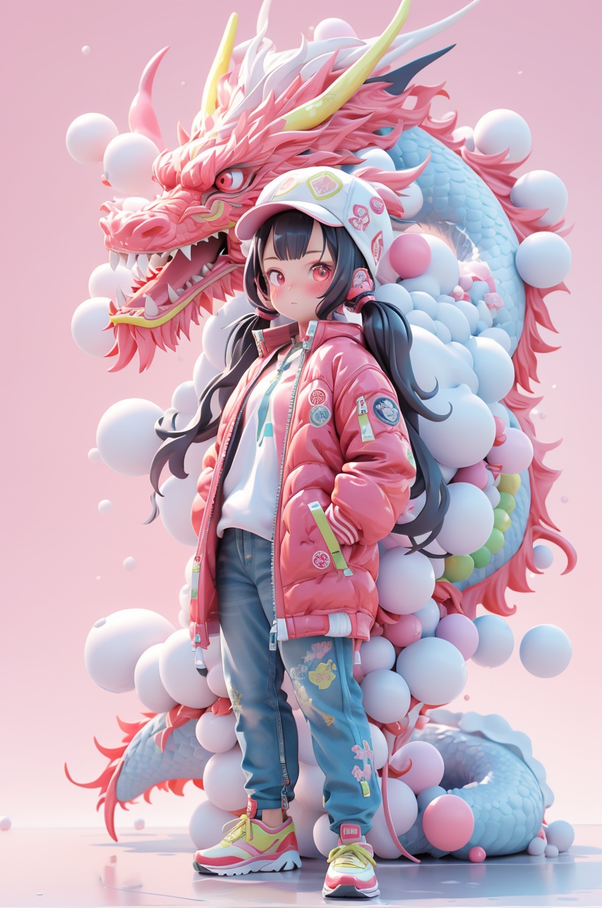 1girl, hands in pockets, solo, dragon, oriental dragon, black hair, looking at the audience, red eyes, long hair, twintails, full body, bangs, hat, shoes, pink jacket, blush, standing, jacket, pants, long Sleeve,