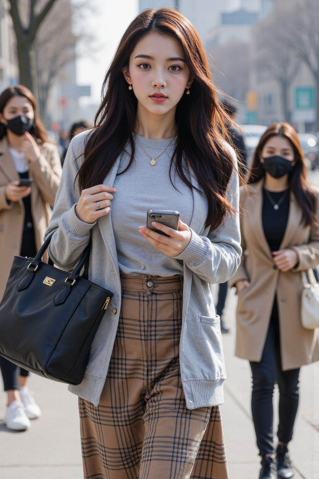 The image is a high-resolution photograph taken in an urban setting,likely a city street. The main subject is a young woman with long,dark brown hair,walking confidently down the sidewalk. She is dressed in a stylish,autumnal outfit: a light grey cardigan over a grey t-shirt,paired with a high-waisted,brown plaid skirt that reaches her ankles. She carries a large,black tote bag over her left shoulder and holds a smartphone in her right hand,looking at it. Her makeup is subtle yet polished,with a focus on her lips,which are painted a soft pink.,In the background,there are several other pedestrians. One woman,to the left,is wearing a face mask and a light brown coat,and she is holding a smartphone in her right hand. Another woman,to the right,is also wearing a face mask and a black t-shirt,with a white handbag slung over her left shoulder. The background features blurred out buildings and trees,suggesting a cityscape with a hazy,possibly smoggy atmosphere. The street is paved with grey concrete,and there are visible